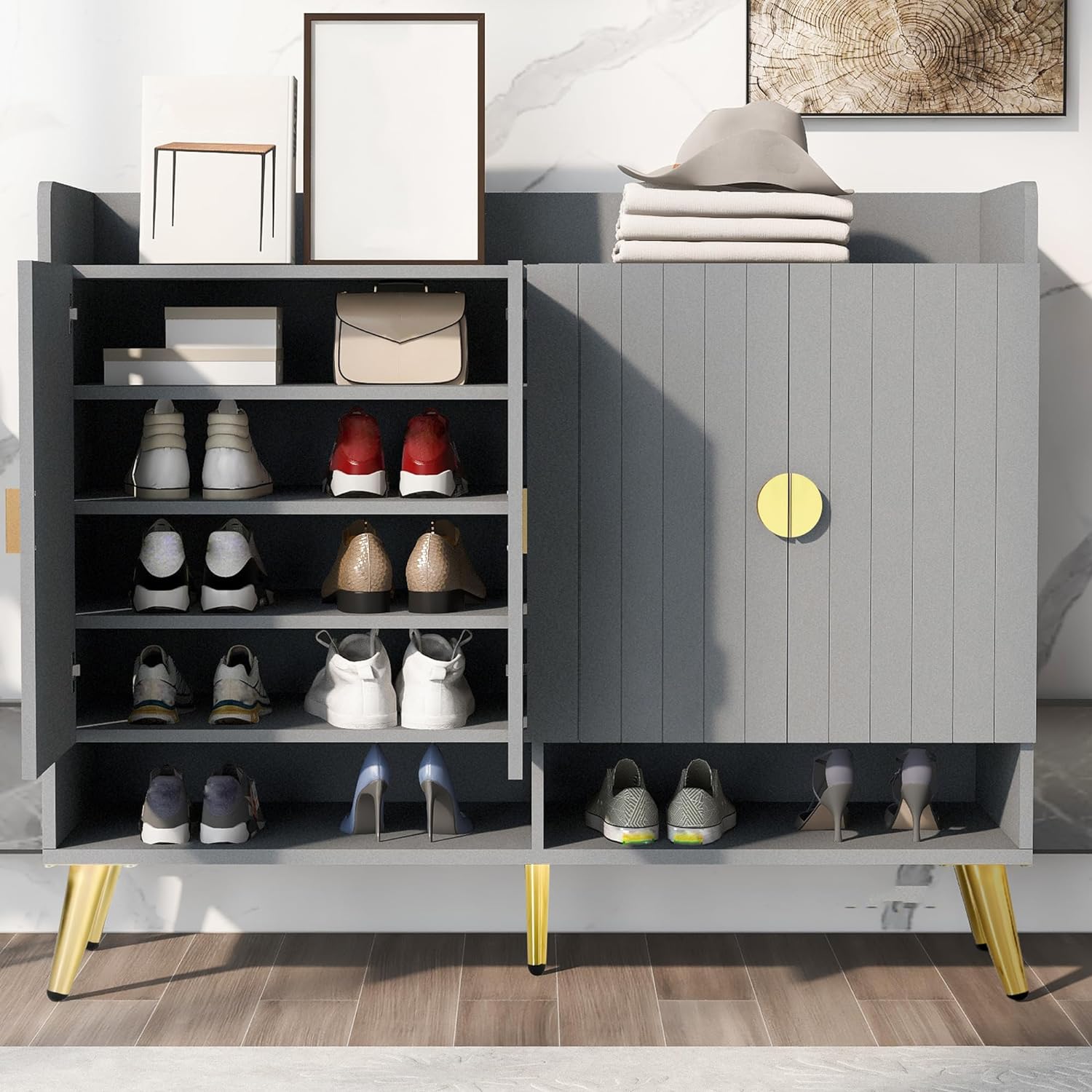 Free Standing Shoe Cabinet For Entryway,5 Tier Shoe Storage Cabinet with Doors and Adjustable Shelves,Kitchen Storage Cabinet,Wooden Shoe Rack Organizer for Entryway Hallway Bedroom Living Room Grey