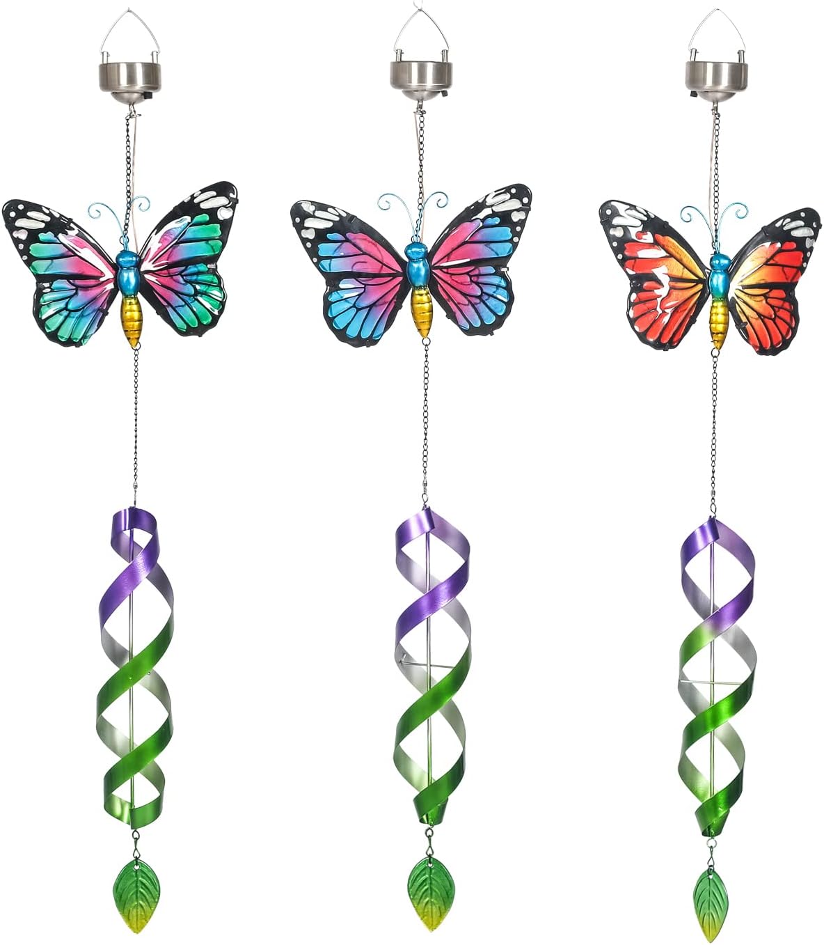 Adeco 27.56 Metal Solar Powered LED Butterfly Hanging Light Sets, Outdoor Decor Lamp Spinners Colorful Butterfly Ornament for Garden Yard Patio Lawn,3 PCS