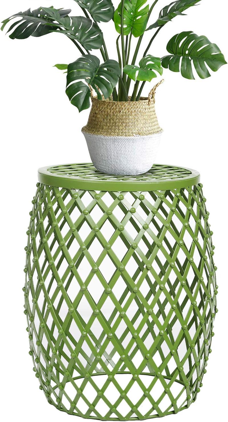 Adeco Home Garden Accents Wire Round Iron Metal Stool Side Plant Stand, Hatched Diamond Pattern, for Indoor Outdoor End Tables, Green