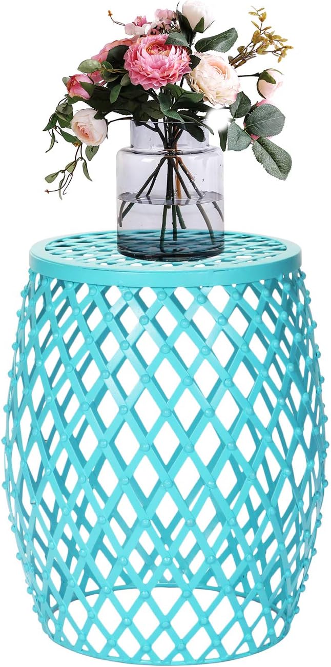 Adeco Hatched Diamond Pattern Iron Stool, Sky Blue Round Nesting Tables, Light