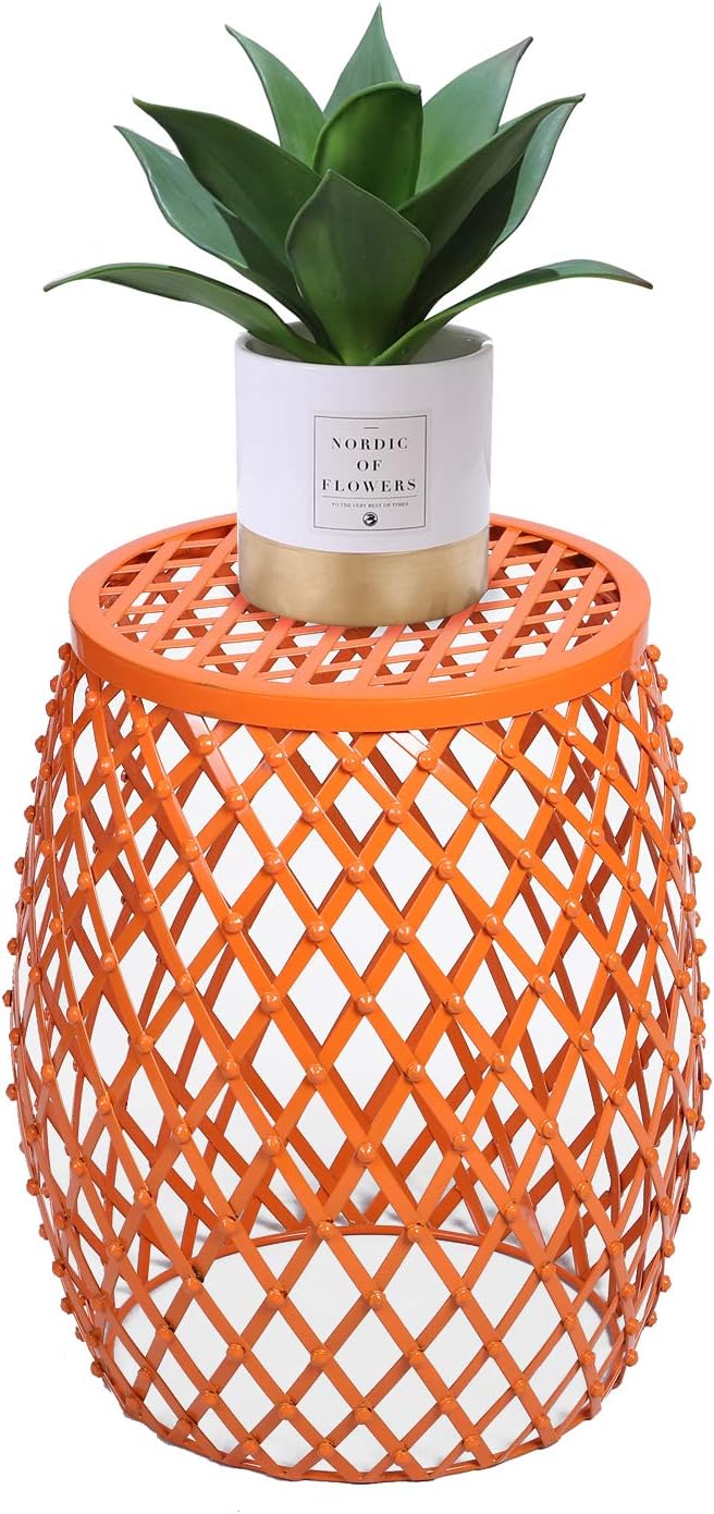 Adeco Metal Home Garden Stool, Decorative Accent Display Plant Stand, Side Table, End Table - Bohemian Chic Openwork Lattice Design, Orange, 15 x15 x18 in