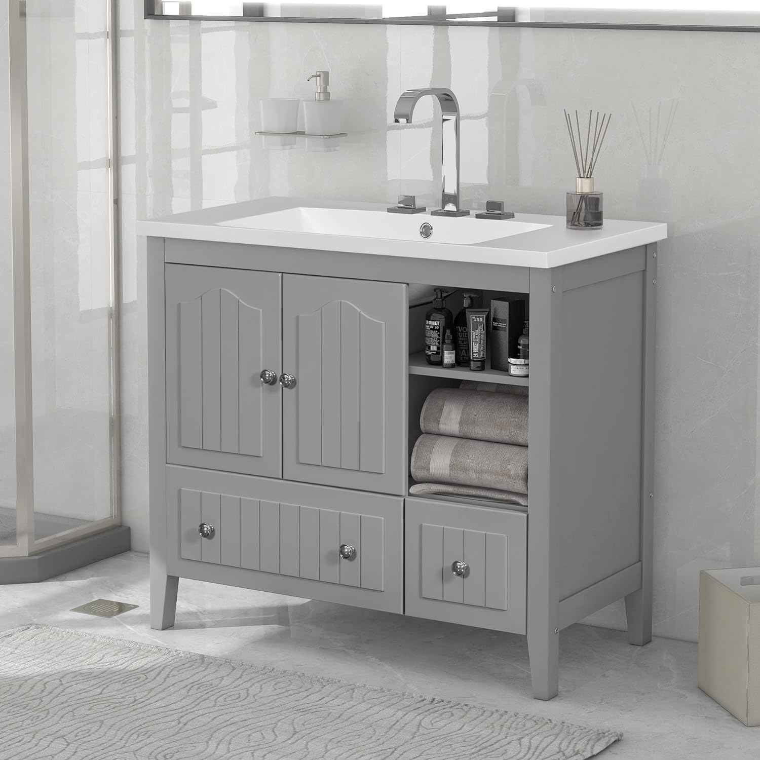 CuisinSmart 36 Bathroom Vanity with Top Sink Bathroom,Modern Bathroom Storage Cabinet with Two Doors and Drawers, Solid Frame, Metal Handles, Bathroom Vanity and Basin Sink Combo for Bathroom