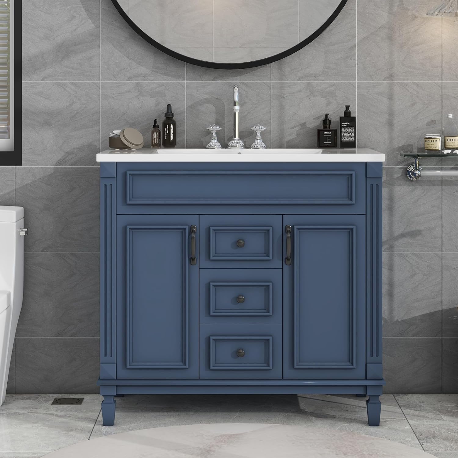 SZUBEE 36 Bathroom Blue Vanity Cabinet,Top Sink,3 Drawers and 2 Soft Closing Doors