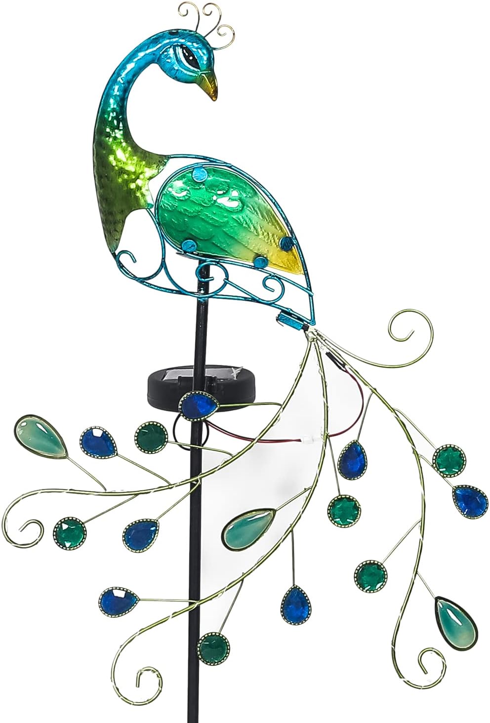 Adeco Peacock Shape Solar Lights with Colorful Diamond Decor 34 Inch Metal Green Crackle Glass Globe Stake Lights with Large Solar Panel, Waterproof LED Lights for Ground Patio Lawn Pathway