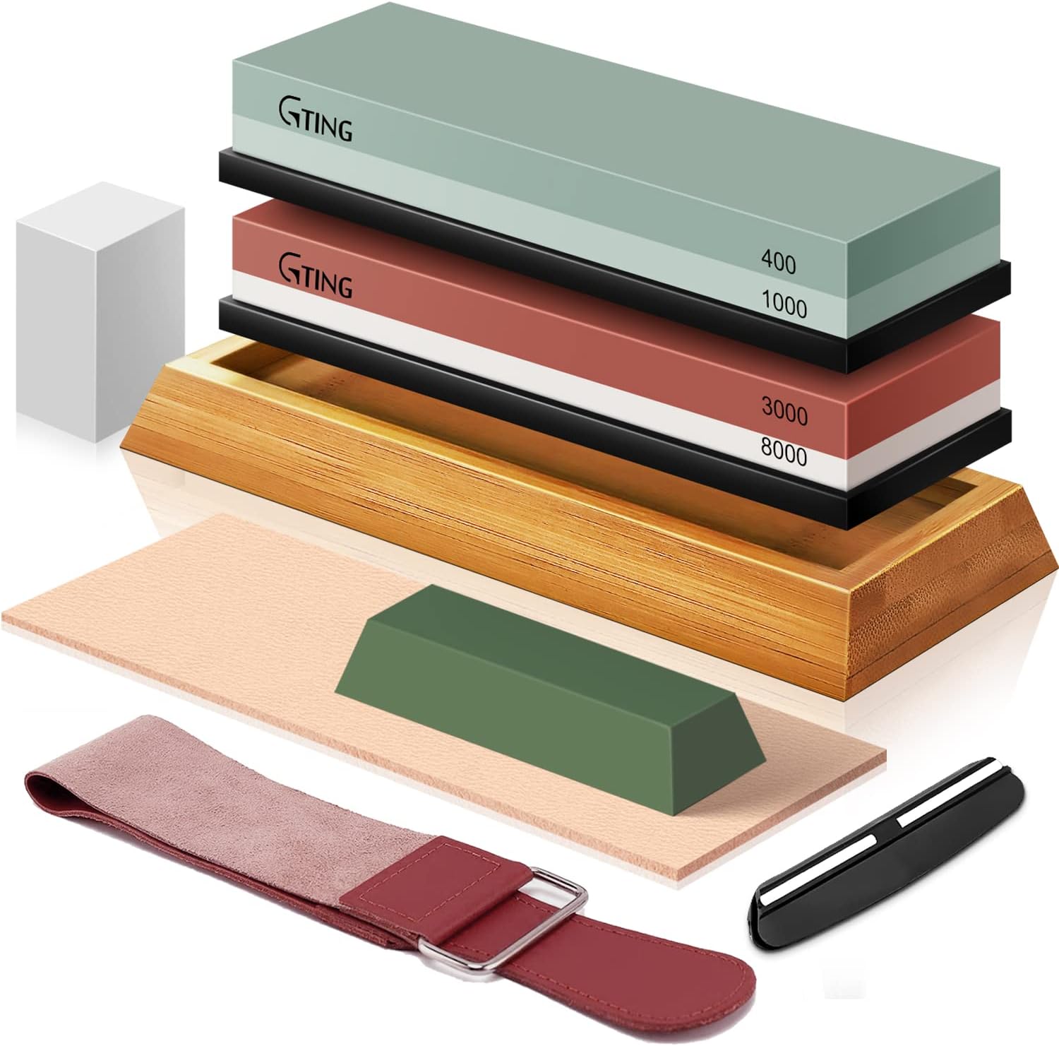 Knife Sharpening Stone Set, G-TING 400/1000 and 3000/8000 Grit Whetstone Knife Sharpener Kit with Leather Razor Strop, Leather Honing Strop, Polishing Compound, Bamboo Base and Flattening Stone