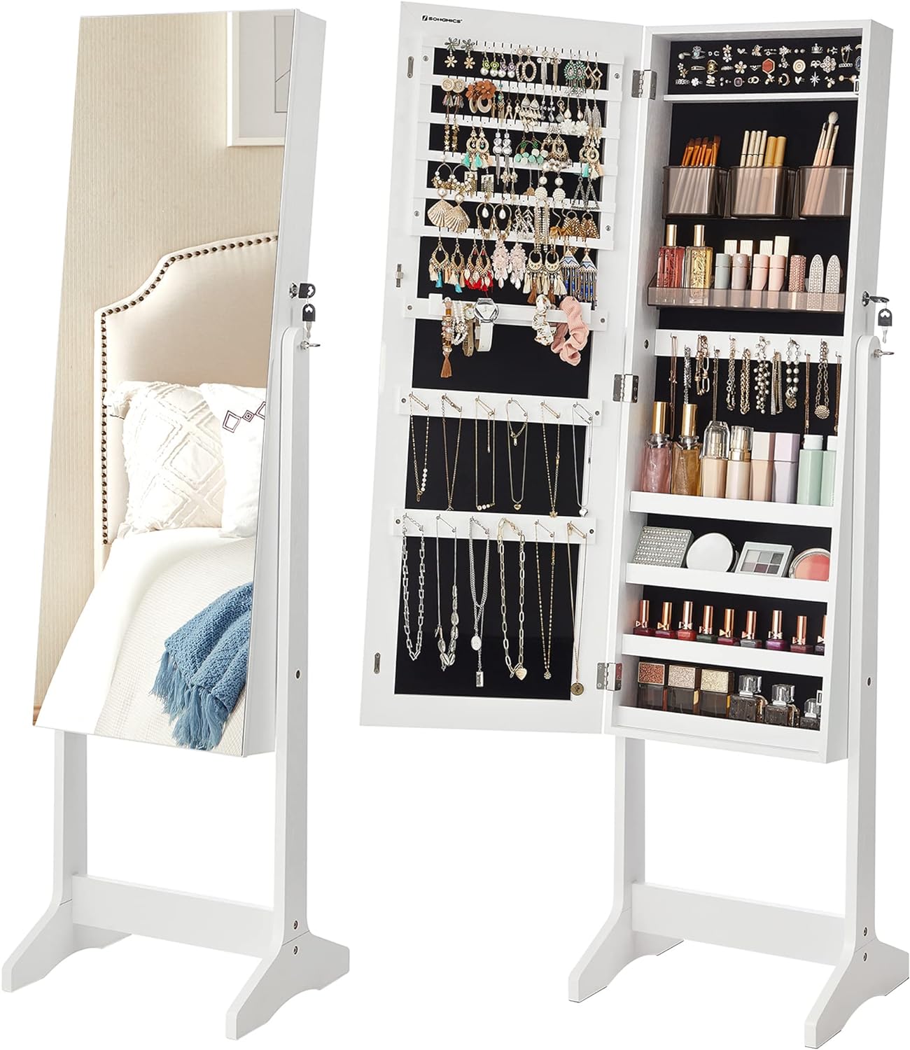 SONGMICS Jewelry Cabinet Armoire, Freestanding Lockable Storage Unit with 2 Plastic Cosmetic Storage, Full-Length Frameless Mirror, for Necklace Earring, White UJJC002W01, 16.2 x 14.4 x 60.6 Inches