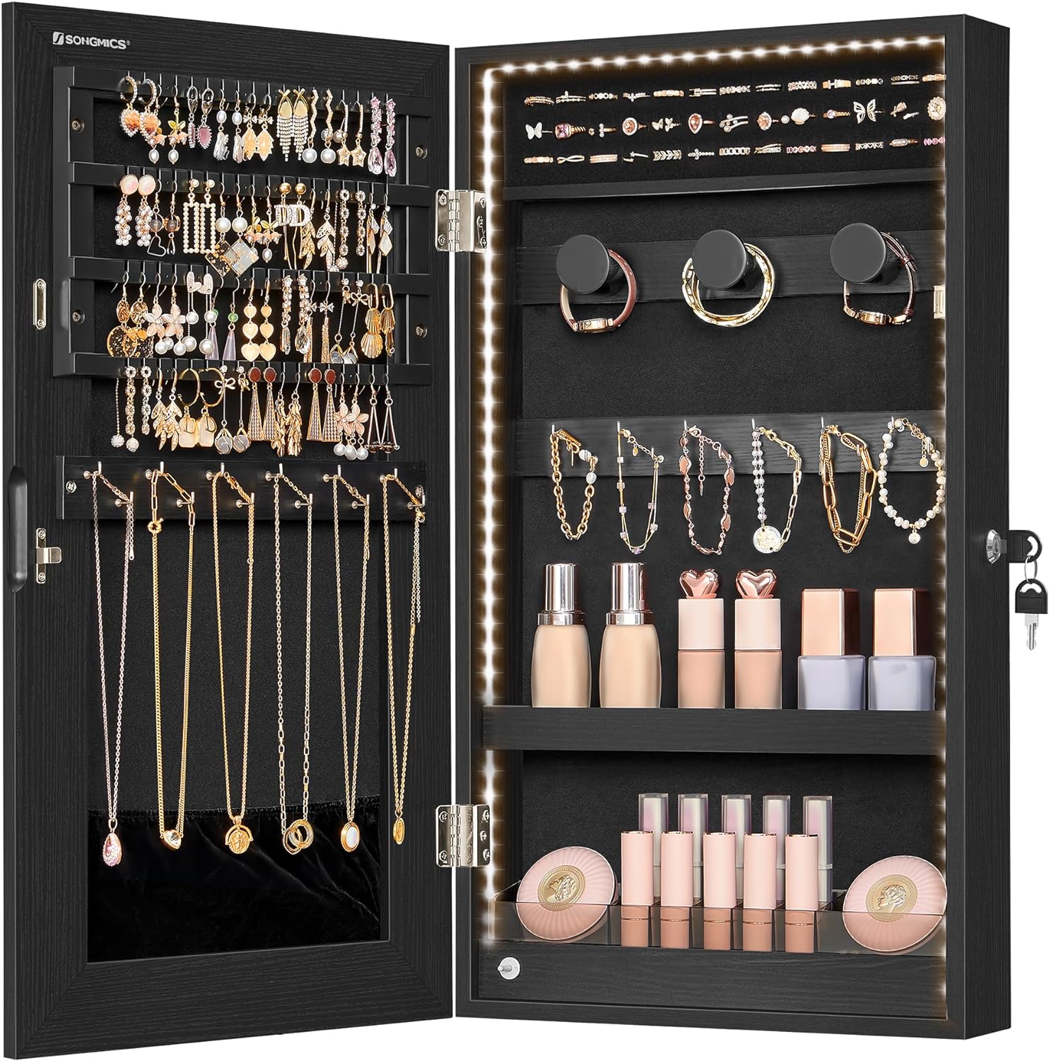 SONGMICS Mirror Jewelry Cabinet Armoire with Built-in LED Lights, Wall or Door Mounted Jewelry Storage Organizer, 3.8 x 14.6 x 26.4 Inches Hanging Mirror Cabinet, Gift Idea, Black UJJC050B01