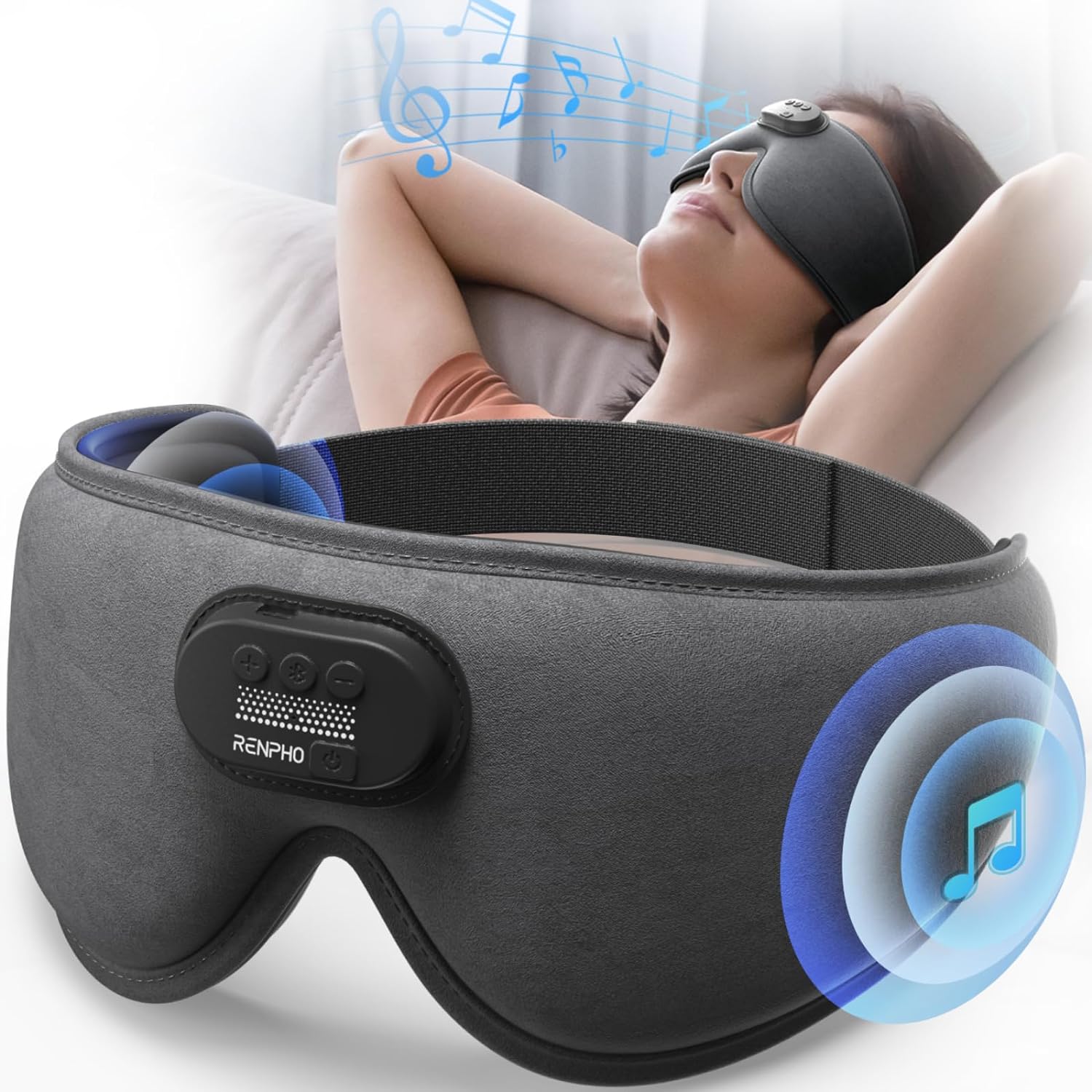 Sleep Headphones Sleep Mask with Bluetooth Headphones, RENPHO Ultra Soft 3D Wireless Sleeping Mask for Side Sleepers, Comfort Night Eye Mask, White Noise Eye Mask, Birthday/Valentines Days Gifts