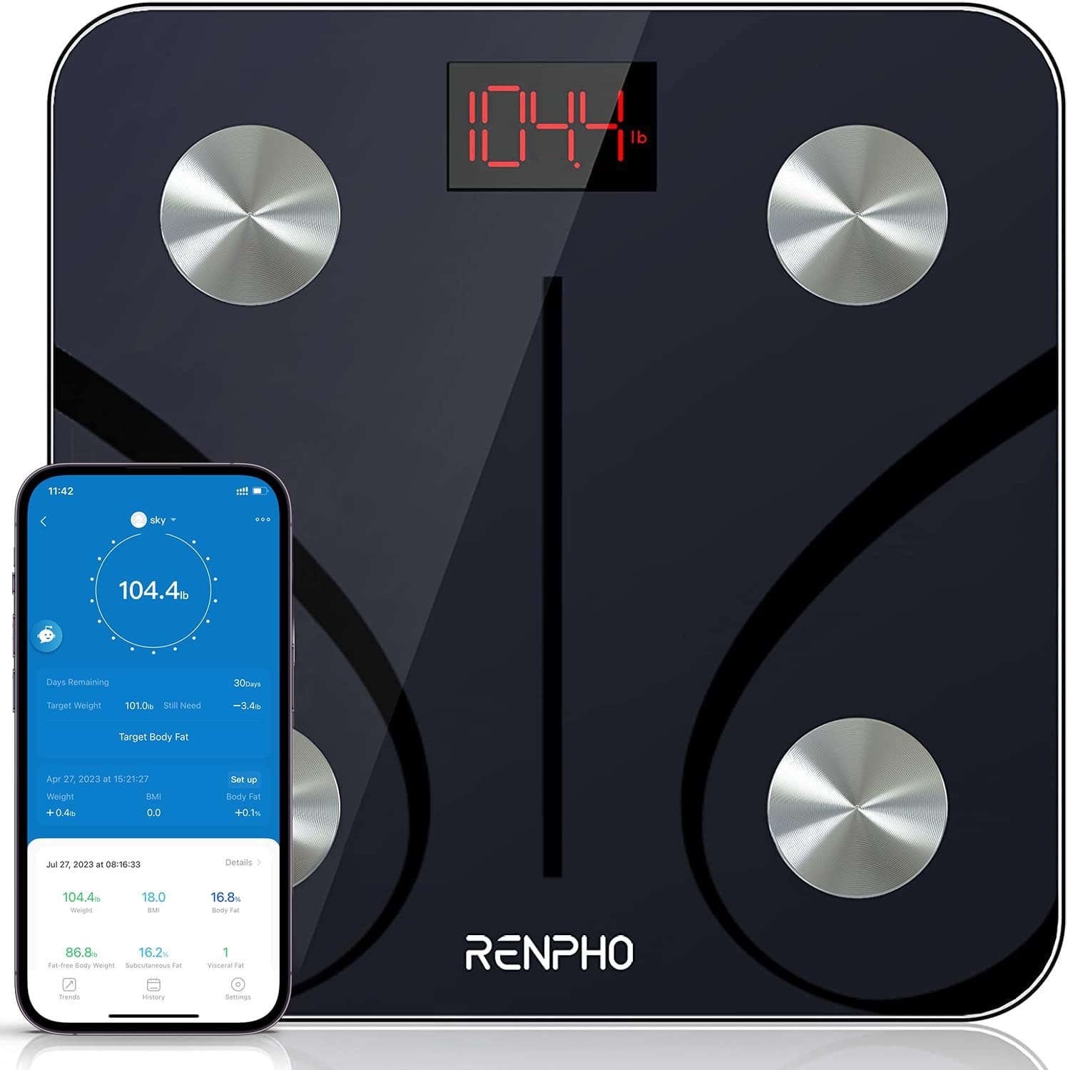 RENPHO Bluetooth Body Fat Scale, Digital Weight Scale Bathroom Smart Body Composition Analyzer Wireless BMI Compact Scale Health Monitor with Smartphone APP, 396 lbs