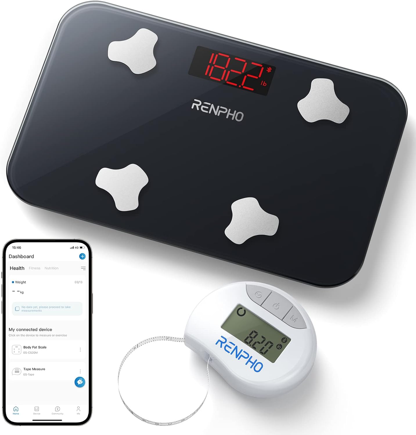 RENPHO Portable Scale Smart Tape Measure, Travel Scale for Body Weight with Body Tape Measure, 13 Body Composition Analyzer & Retractable Measuring Tape Sync with App, 400 lbs, Inches & cm