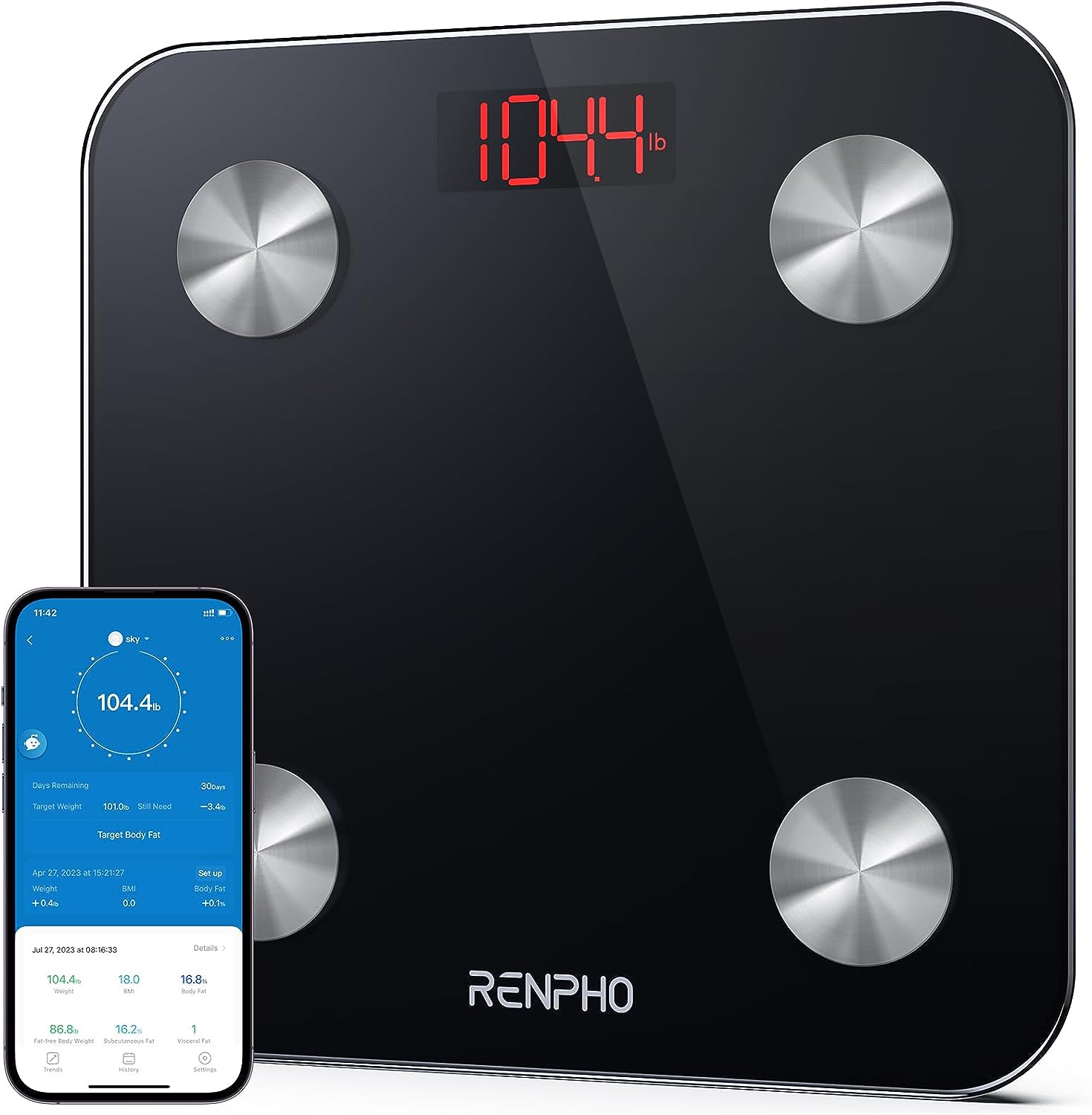 RENPHO Smart Bathroom Scale, Bluetooth Body Fat Monitor Weight Scale, Digital BMI Key Composition Analyzer for Weight, Fat, Muscle Mass, 396lbs