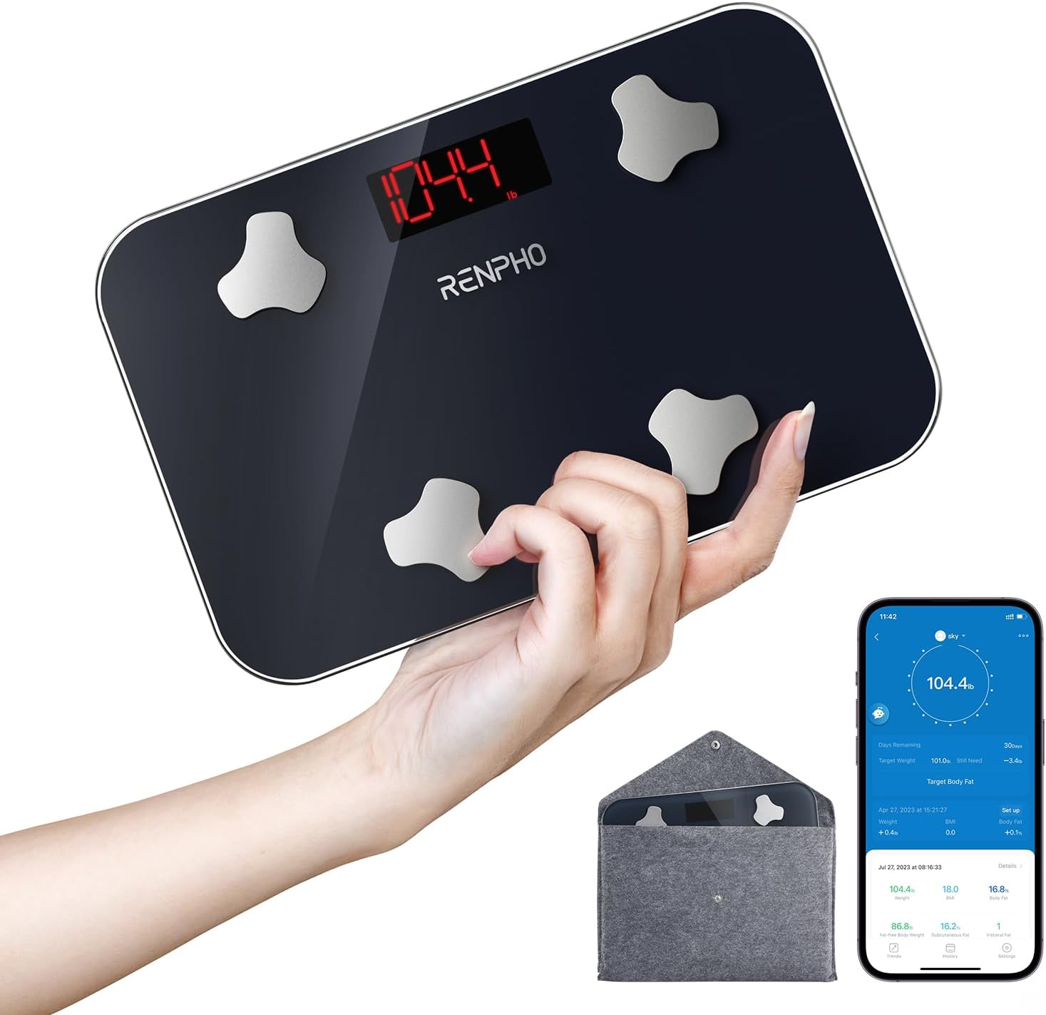 RENPHO Travel Scale for Body Weight, Mini Bathroom Scale for Body Fat, Portable Elis Go Weight Scale for Traveling with Storage Case, 13 Body Composition Analyzer with App, 400 lbs, 11.02 x 7.09