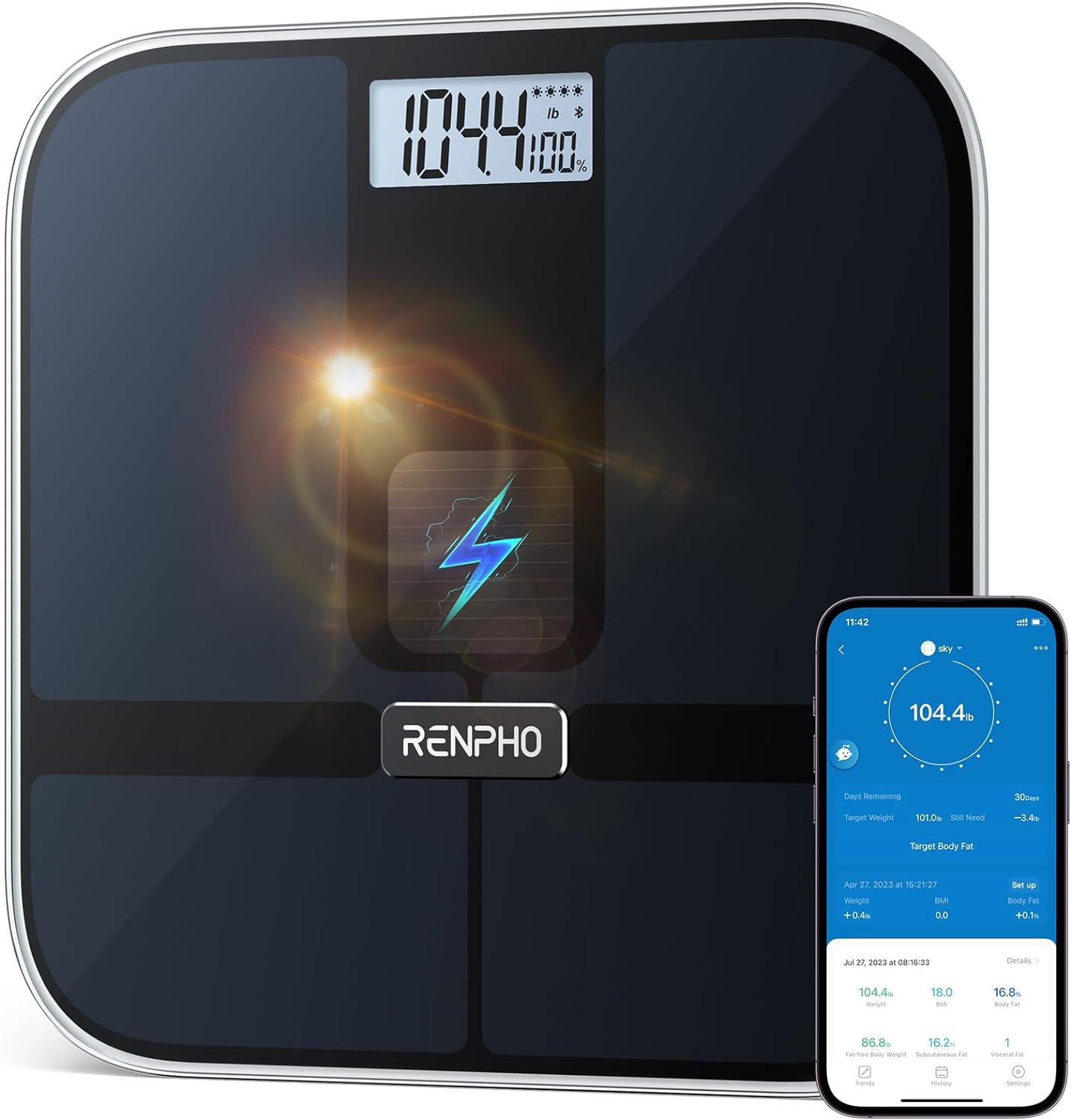 RENPHO Smart Scale for Body Weight, Solar Power Digital Bathroom Scale, Bluetooth Weight Scale with App, Body Composition Monitor 400 lbs - Elis Solar, No Battery Required, Black