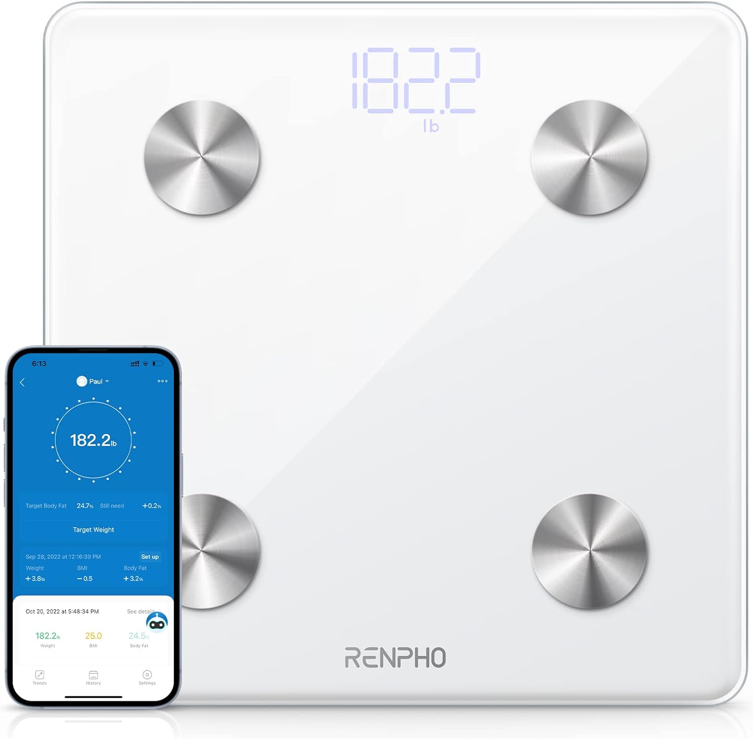 RENPHO Smart Scale, Body Fat Scale, Digital Bathroom Scale for Body Weight, Body Composition Analysis, Highly Accurate BMI Scale with APP, 400lbs, Includes Batteries, White-Elis 1