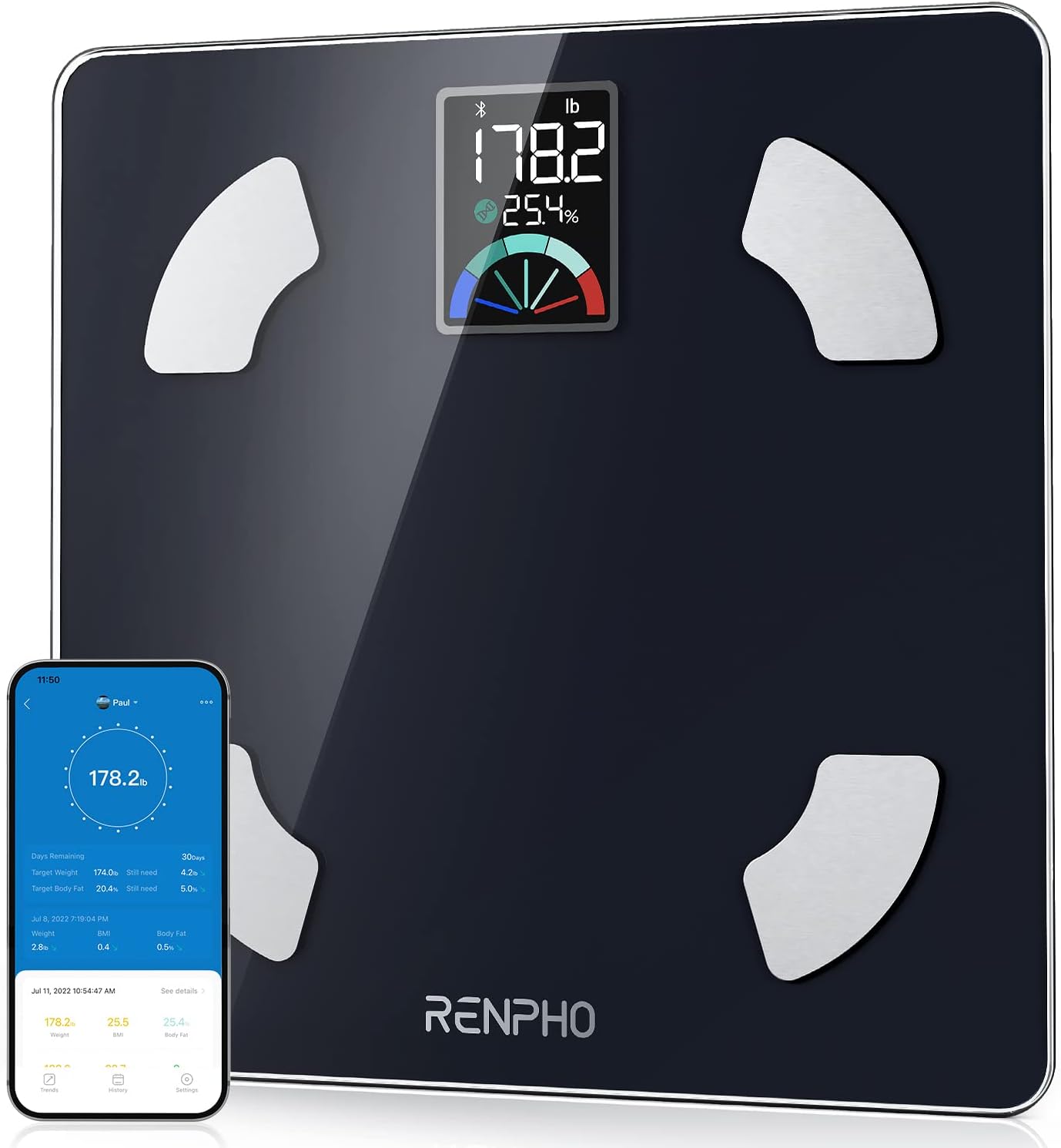 RENPHO Body Fat Scale, Smart Scale with Large Colored LCD Display, Digital Bathroom Weighing Machine, BMI Scale, Accurate Body Composition Monitor with Bluetooth App, 400lbs, Elis 1