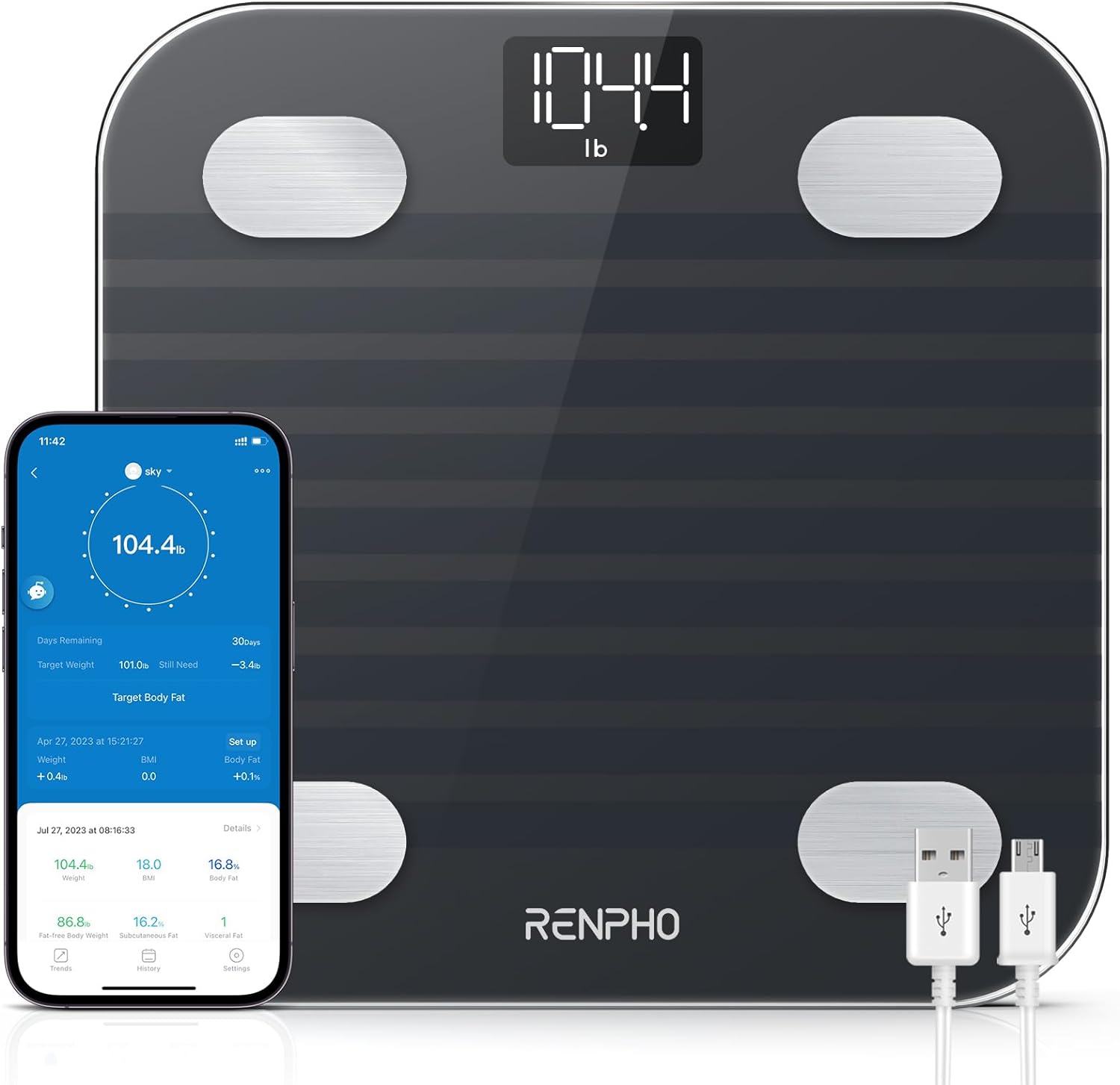 RENPHO Elis 1 USB Rechargeable Smart Body Fat BMI Scale, Digital Bathroom Body Weight Scale, Bluetooth Electronic 13 Body Composition Monitors sync with Renpho App, 396 lbs, Black