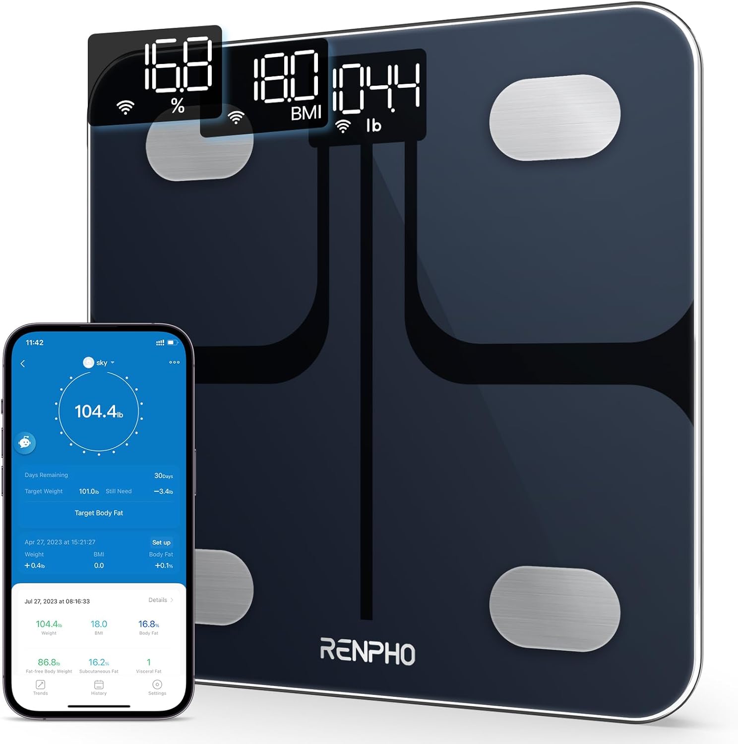 RENPHO Wi-Fi Bluetooth Scale Smart Digital Bathroom Weight BMI Body Fat Scale Tracks 13 Metrics, Wireless Body Composition Analysis & Health Monitor with Lighted LED Display - Elis Aspire