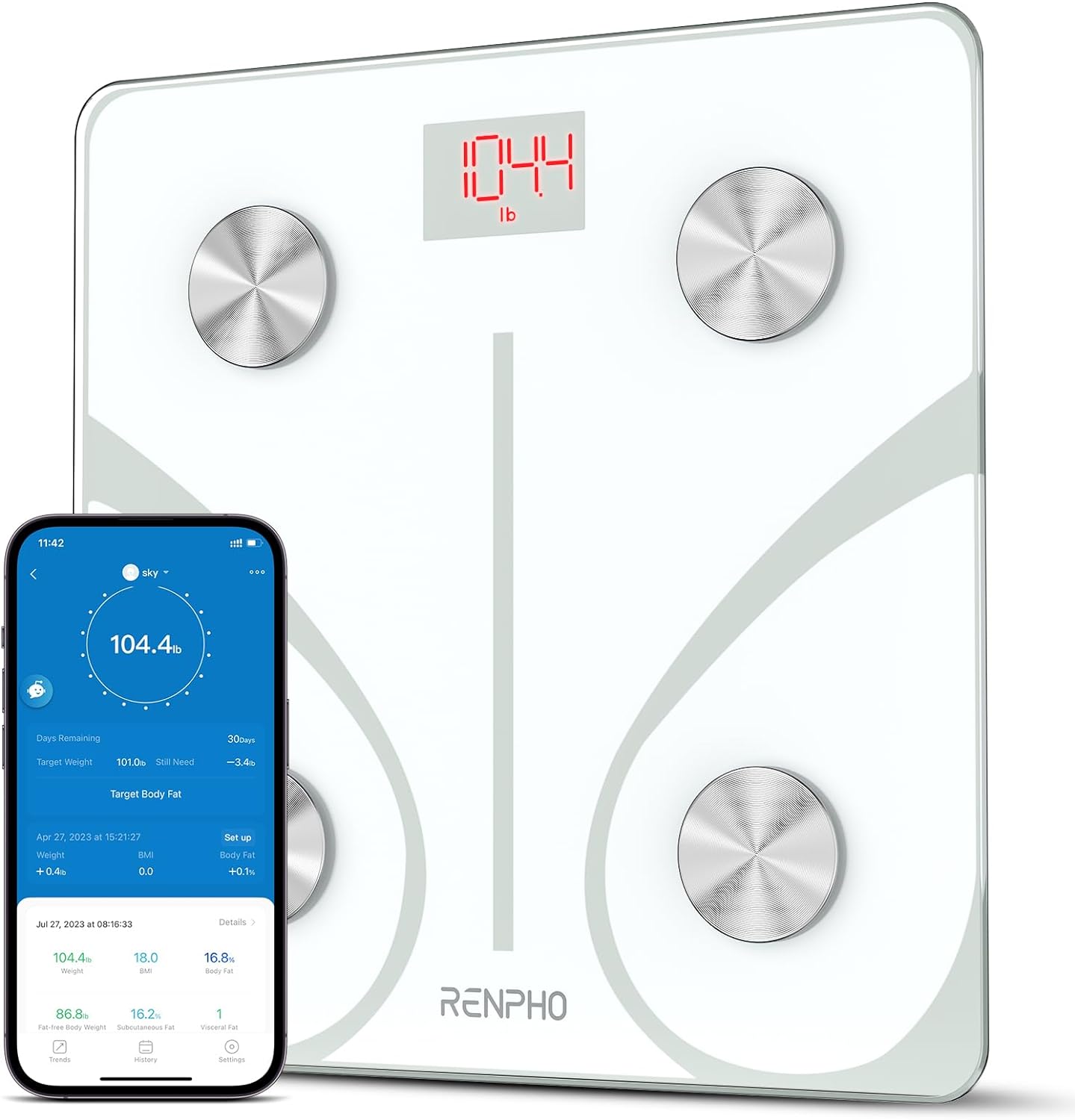 RENPHO Smart BMI,Weight Scale,Wireless, Digital Bathroom Body Composition/Fat Analyzer with Smartphone App sync with Bluetooth, 400 lbs - White Elis 1