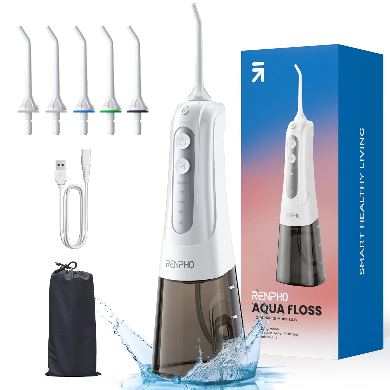 RENPHO Water Dental Flosser for Teeth Cleaning, 300ML Rechargeable Cordless Portable Oral Irrigator with 4 Modes 5 Jet Tips IPX7 Waterproof, Powerful Battery Water Teeth Cleaner Pick for Home Travel