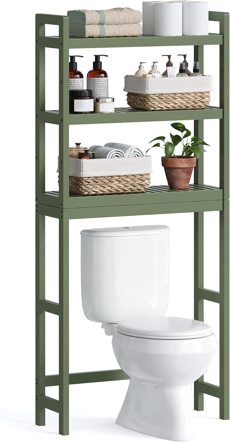 SONGMICS Over The Toilet Storage, 3-Tier Bamboo Over Toilet Bathroom Organizer with Adjustable Shelf, Fit Most Toilets, Space-Saving, Easy Assembly, Forest Green UBTS001C01