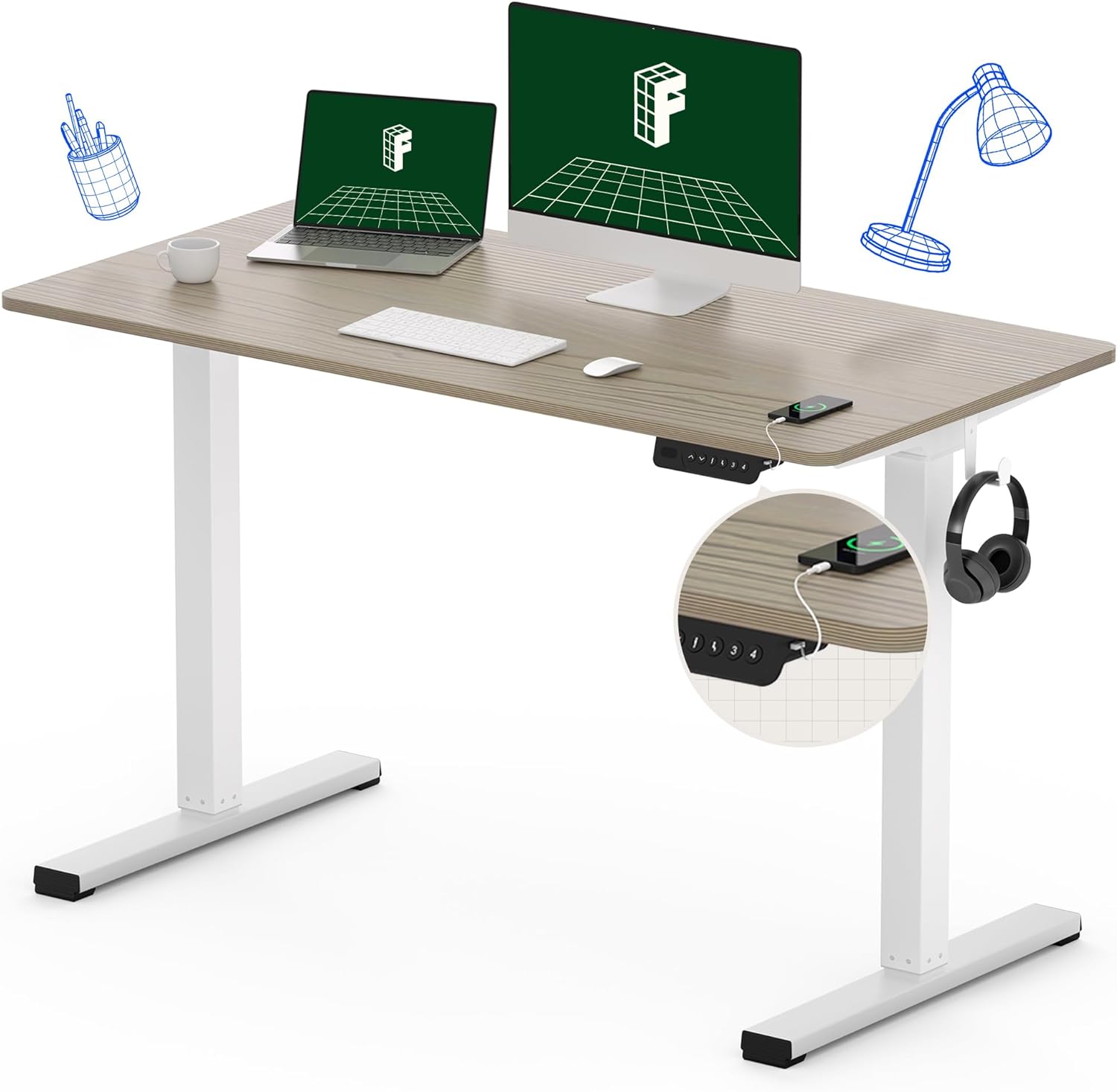 FLEXISPOT Standing Desk Quick Assembly Electric Adjustable with 48 x 24 Inches Whole-Piece Desktop Ergonomic Memory Controller Stand Up Desk(White Frame   48 Grey Wood Grain)