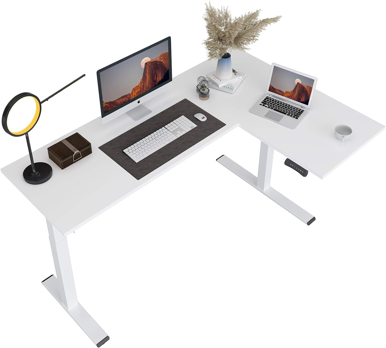 FLEXISPOT Pro Corner Desk Dual Motor L Shaped Computer Electric Standing Desk Sit Stand Up Desk Height Adjustable White Desk Home Office Table with Splice Board, 63x40