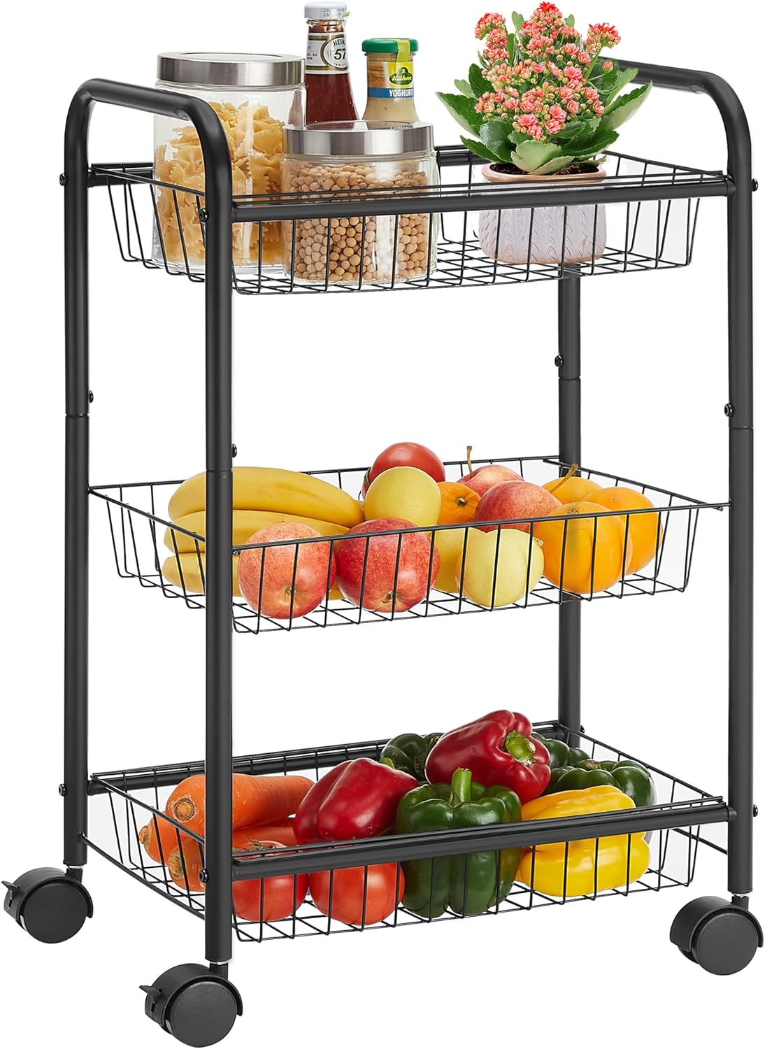 SONGMICS 3-Tier Metal Rolling Cart, Storage Cart with Removable Baskets, Utility Cart with Wheels and Handle, for Kitchen, Bathroom, Laundry Room, Black UBSC03BK