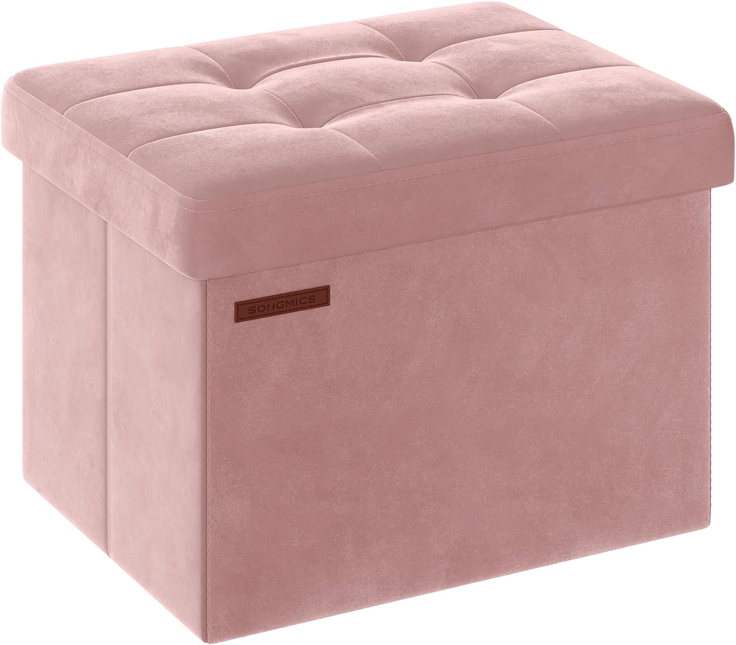 SONGMICS Small Storage Ottoman, Foldable Velvet Storage Box, Storage Chest, Foot Rest, 12.2 x 16.1 x 12.2 Inches, 286 lb Load Capacity, for Living Room, Bedroom, Dorm, Jelly Pink ULSF200R01