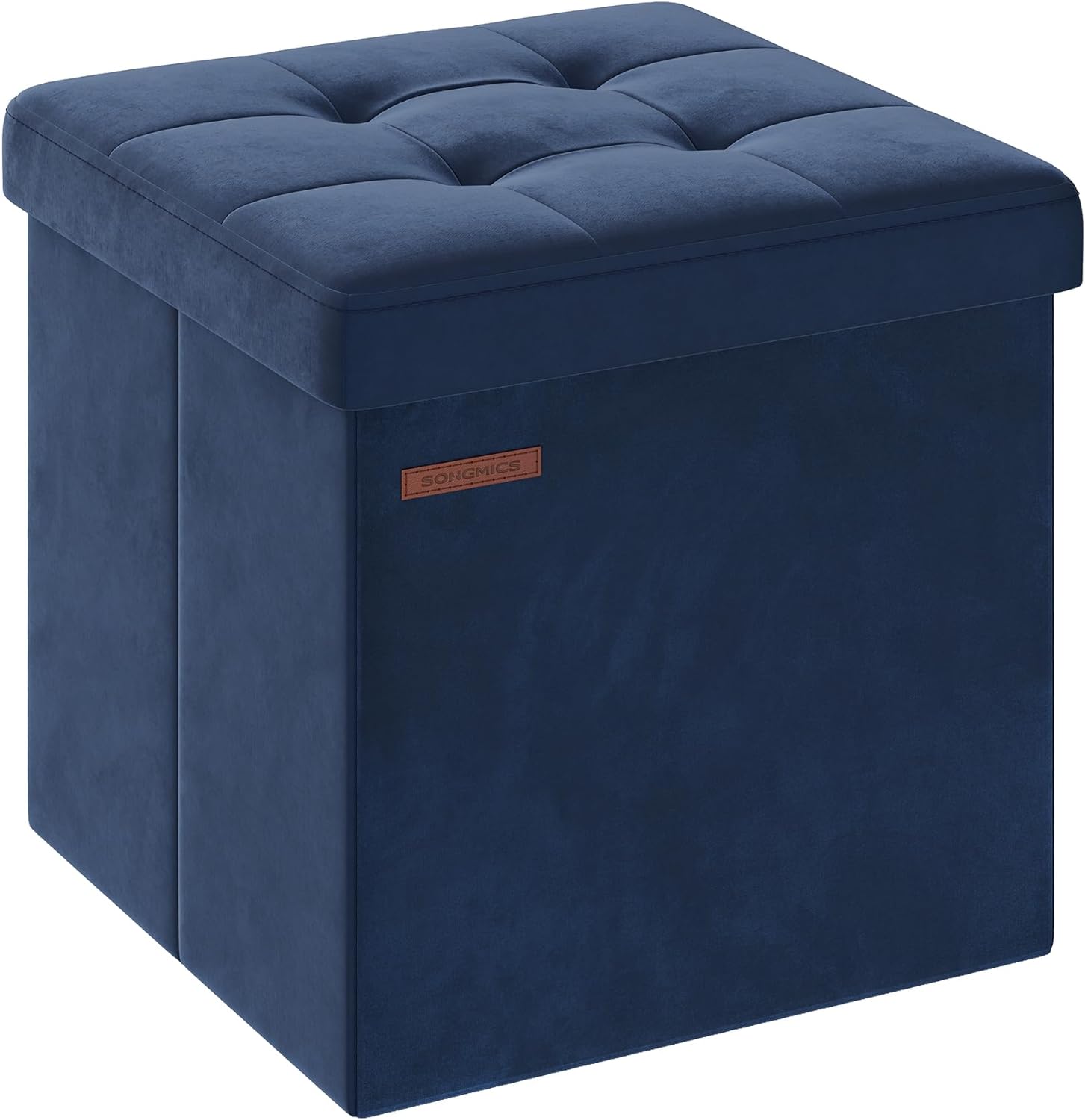 SONGMICS Small Storage Ottoman, Foldable Velvet Storage Box, Storage Chest, Foot Rest, 15 x 15 x 15 Inches, 660 lb Load Capacity, for Living Room, Bedroom, Dorm, Midnight Blue ULSF227Q01