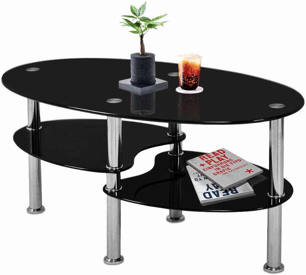 Nidouillet 3 Tier Tempered Glass Table with Glass Shelves and Stainless Steel Legs, Oval-Shaped Coffee Table Living Room Home Furniture 35.4x19.7x17.7(LxWxH)- Black AB026