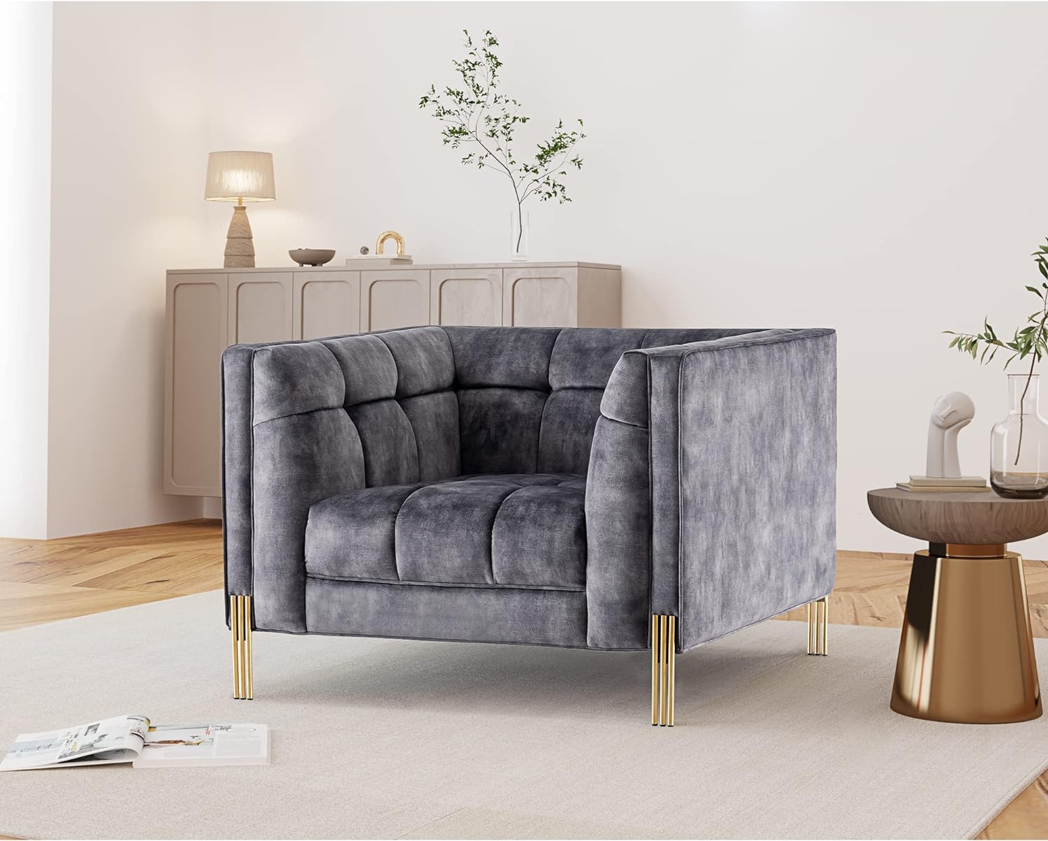 Acanva Luxury Modern Mid-Century Square Tufted Velvet Small Sofa for Living Room Bedroom Furniture, 41W Armchair, Deep Grey