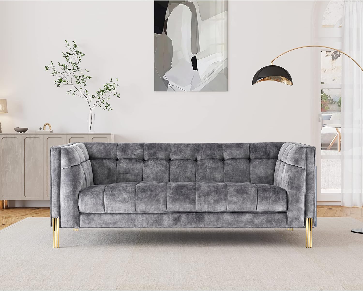 Acanva Luxury Modern Mid-Century Square Tufted Velvet Small Sofa for Living Room Bedroom Furniture, 74W Loveseat, Deep Grey