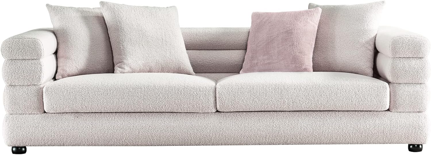 Acanva Modern Sofa with Channel Tufting and Soft Pocket Coil Cushions, Small Space Living Room Furniture, 89W Couch, White Teddy Velvet