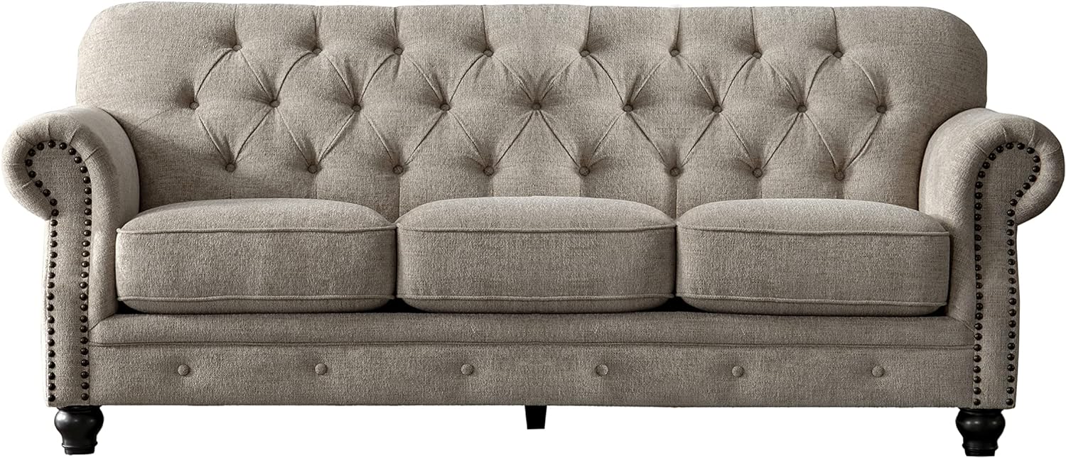 Acanva Mid-Century Chesterfield Chenille Tufted Sofa with Scroll Arms for Living Room Bedroom, 91 W Couch, Almond