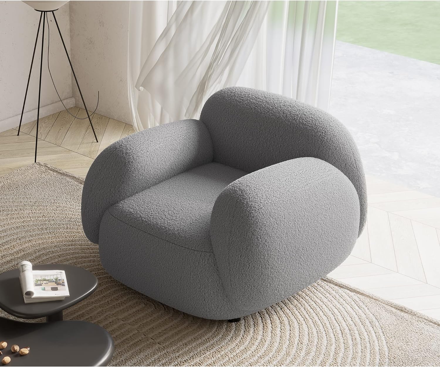 Acanva Comfy Accent Chair for Bedroom Living Room, Rounded Edges Single Sofa Armchair with Soft Boucle Upholstery, 39W, Fabric, Grey