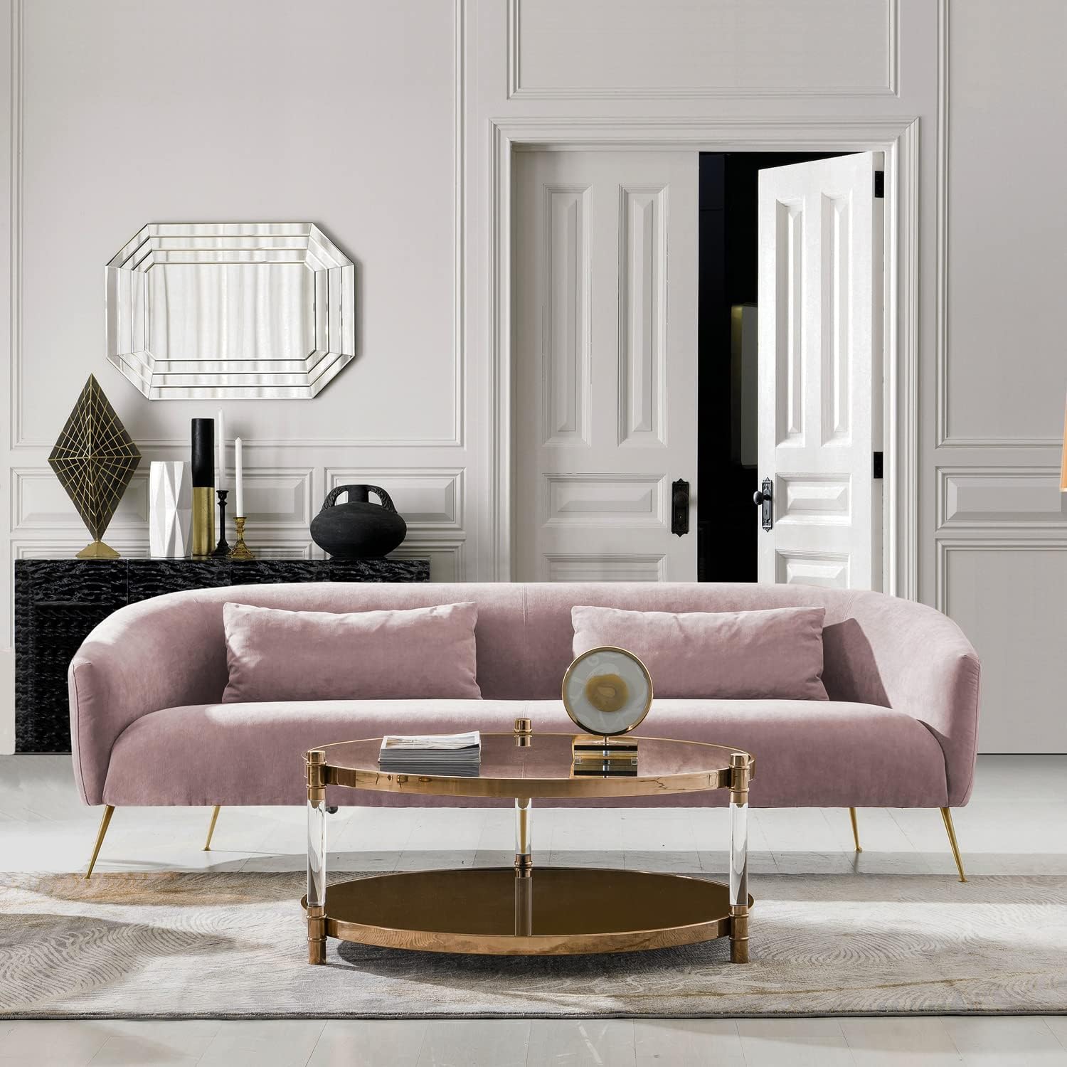 Acanva Small Living Room Sofa with Sloped Metal Legs and Tuxedo Arms, Durable Modern Upholstered Flannel Fabric, 91W Couch, Pink