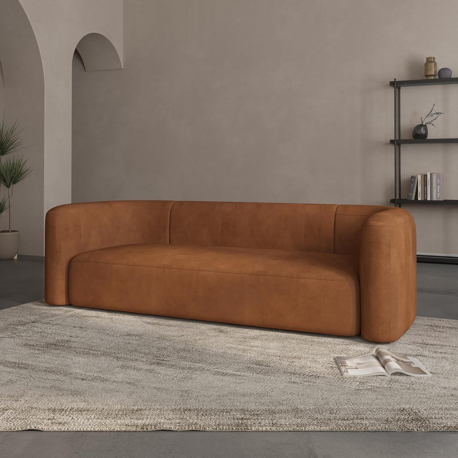 Acanva Luxury Modern Tight Curved Back Velvet Sofa, Minimalist Style Comfy Couch for Living Room Apartment Reception Space, Tangerine 3 Seater