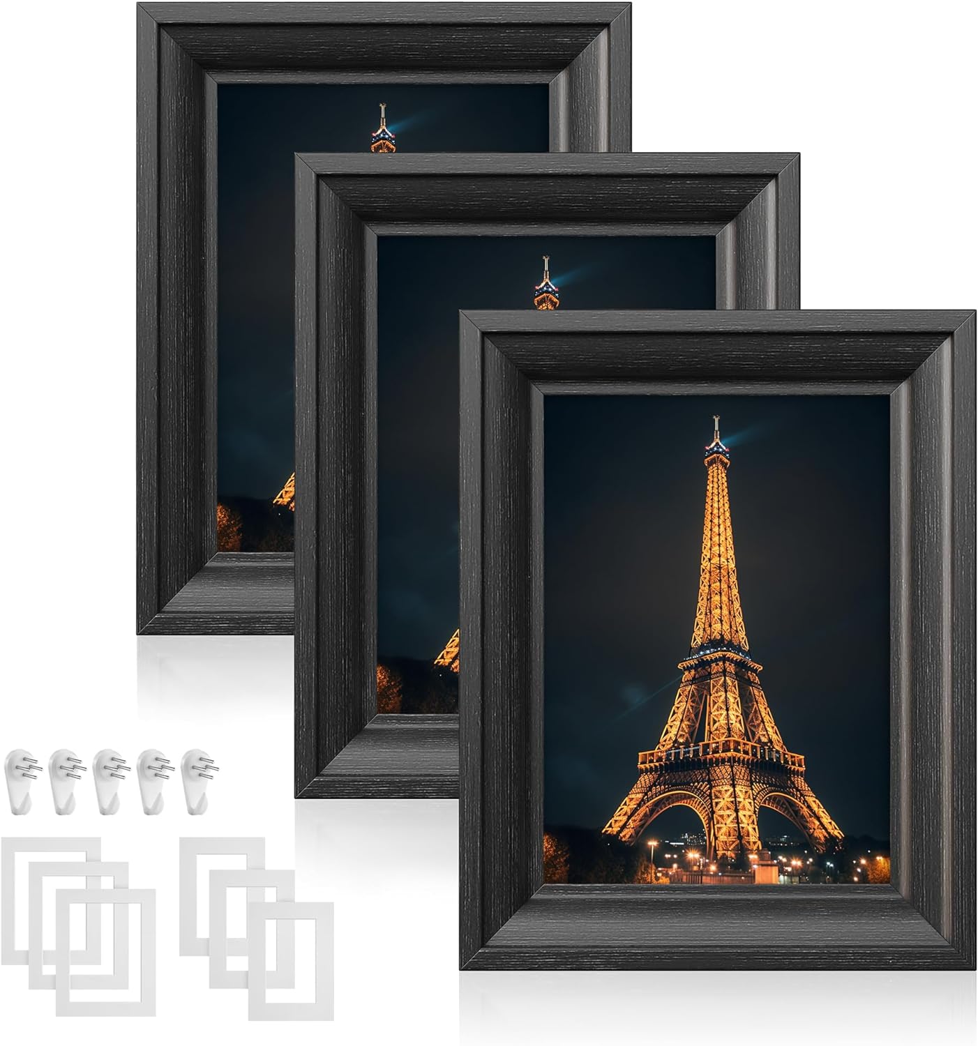 SONGMICS 5x7 Picture Frames with 6 Mats for Wall, Set of 3, Collage Photo Frames for 5x7, 4x6, 3.5x5 Pictures, Hanging or Table Display, Glass Front, 5 Non-Trace Nails, Ash Black URPF045B01