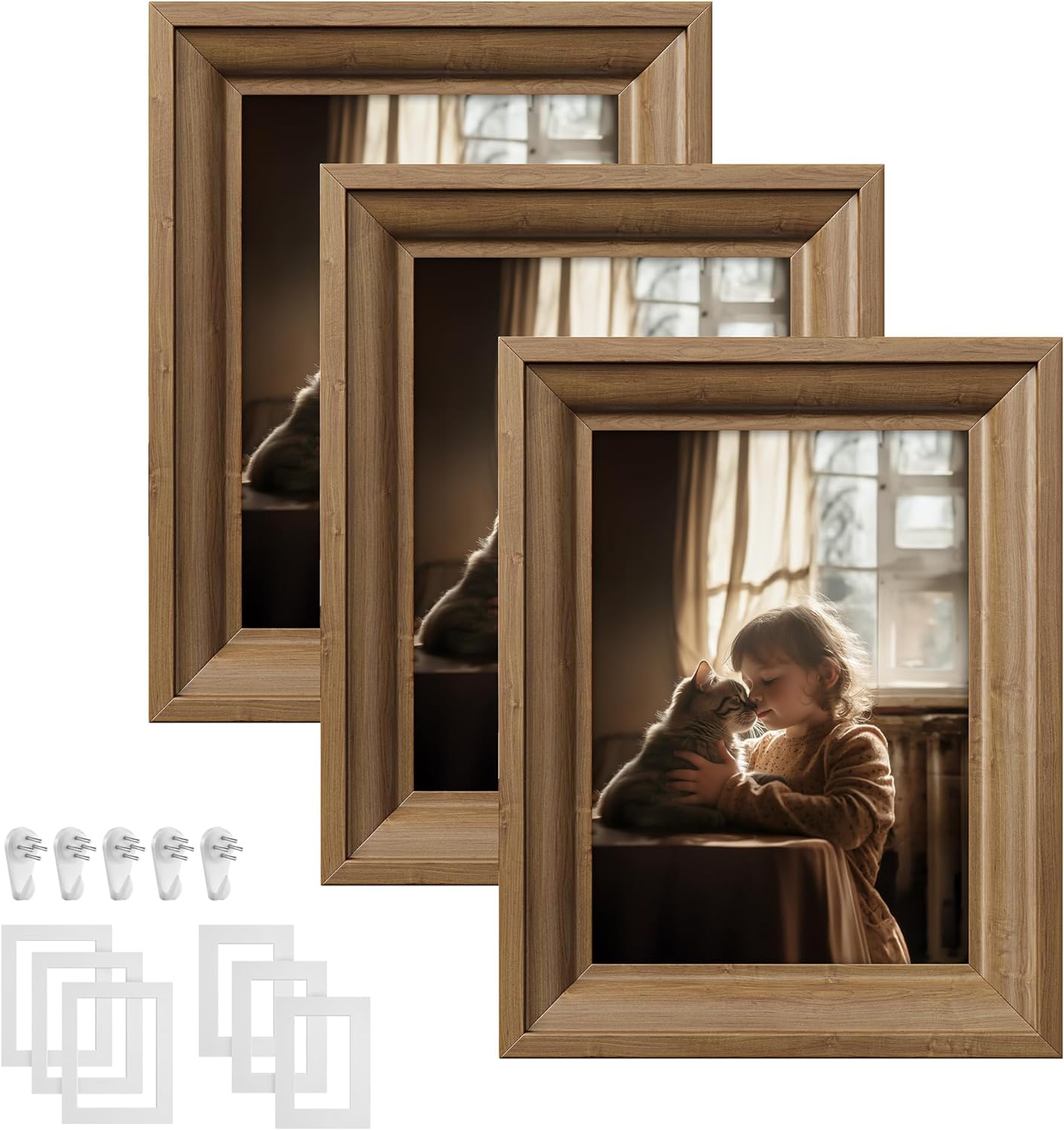 SONGMICS 5x7 Picture Frames with 6 Mats for Wall, Set of 3, Collage Photo Frames for 5x7, 4x6, 3.5x5 Pictures, Hanging or Table Display, Glass Front, 5 Non-Trace Nails, Teak Brown URPF045K01