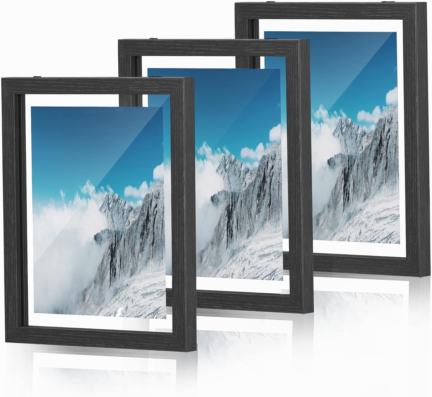 SONGMICS Picture Frames, Set of 3 Floating Photo Frames for 4 x 6, 5 x 7, 6 x 8, 8 x 10 Inch Pictures, with Double Glass, for Tabletop Display or Wall Hanging, MDF, Black RPF380B01