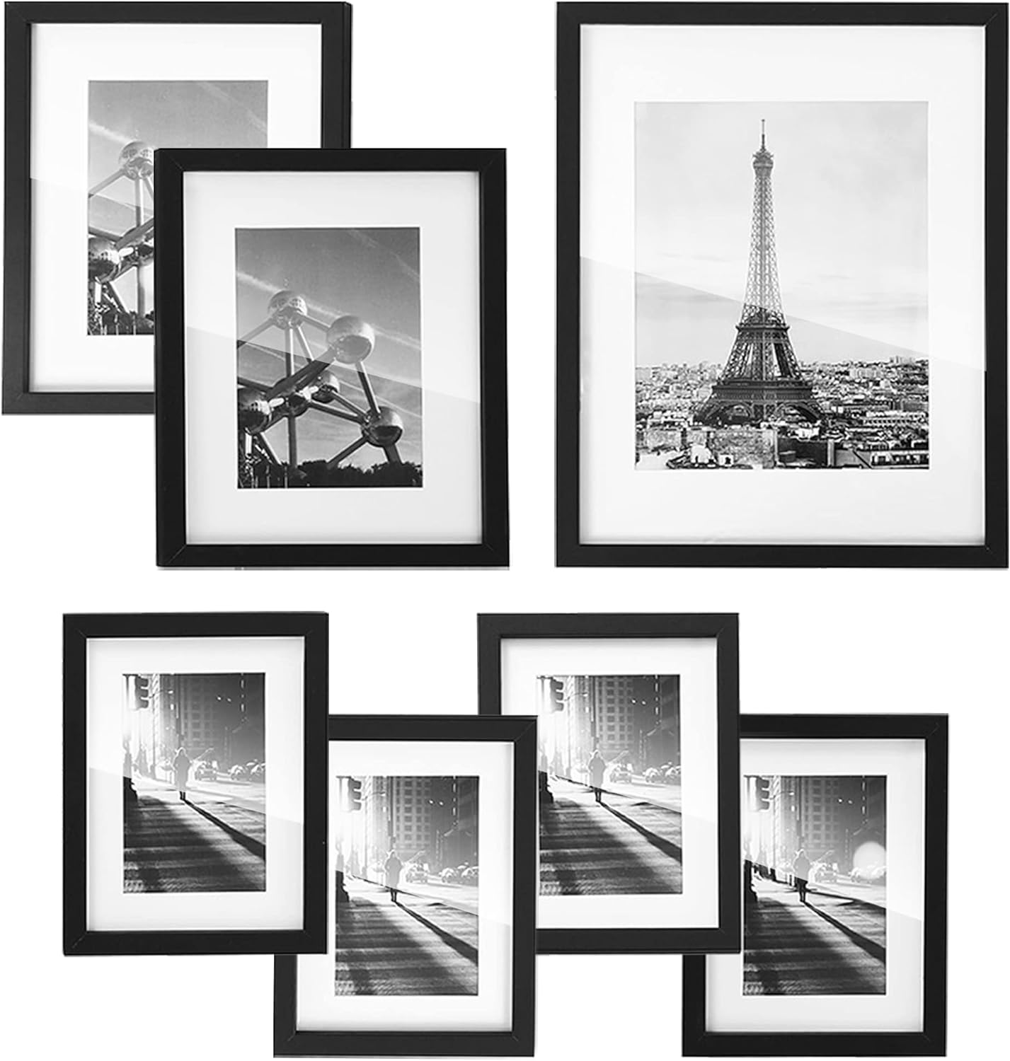 SONGMICS Gallery Wall Frame Set, Multi Picture Frames Set of 7, One 11x14, Two 8x10, Four 6x8 Collage Photo Frame with White Mat, Glass Front, Hanging or Tabletop Display, Black