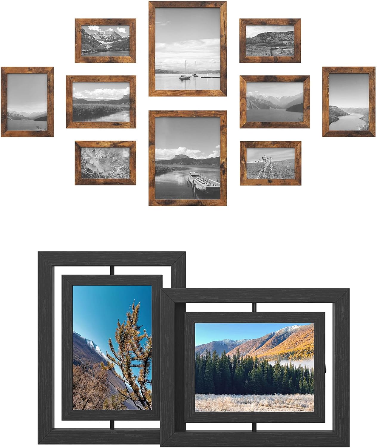 SONGMICS Picture Frames Bundle, Set of 10 with Set of 2, Rustic Brown and Black URPF010X01 and URPF258B01