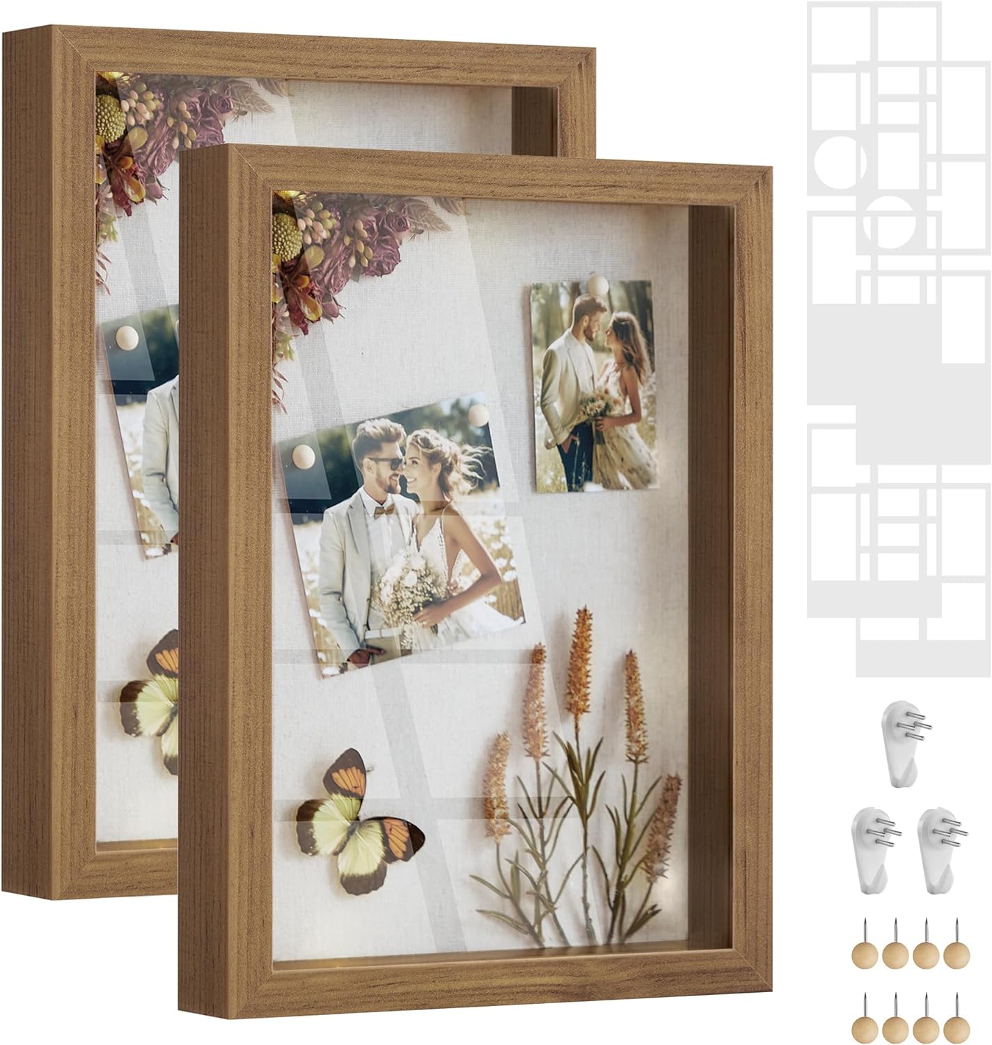 SONGMICS A4 Shadow Box Frame, Set of 2, 1.3-Inch Deep Memory Display Case for Desk Wall Decor, Box Picture Photo Frame with 8 Wood Push Pins, 6 Mats, 3 Non-Trace Nails, Gift, Teak Brown