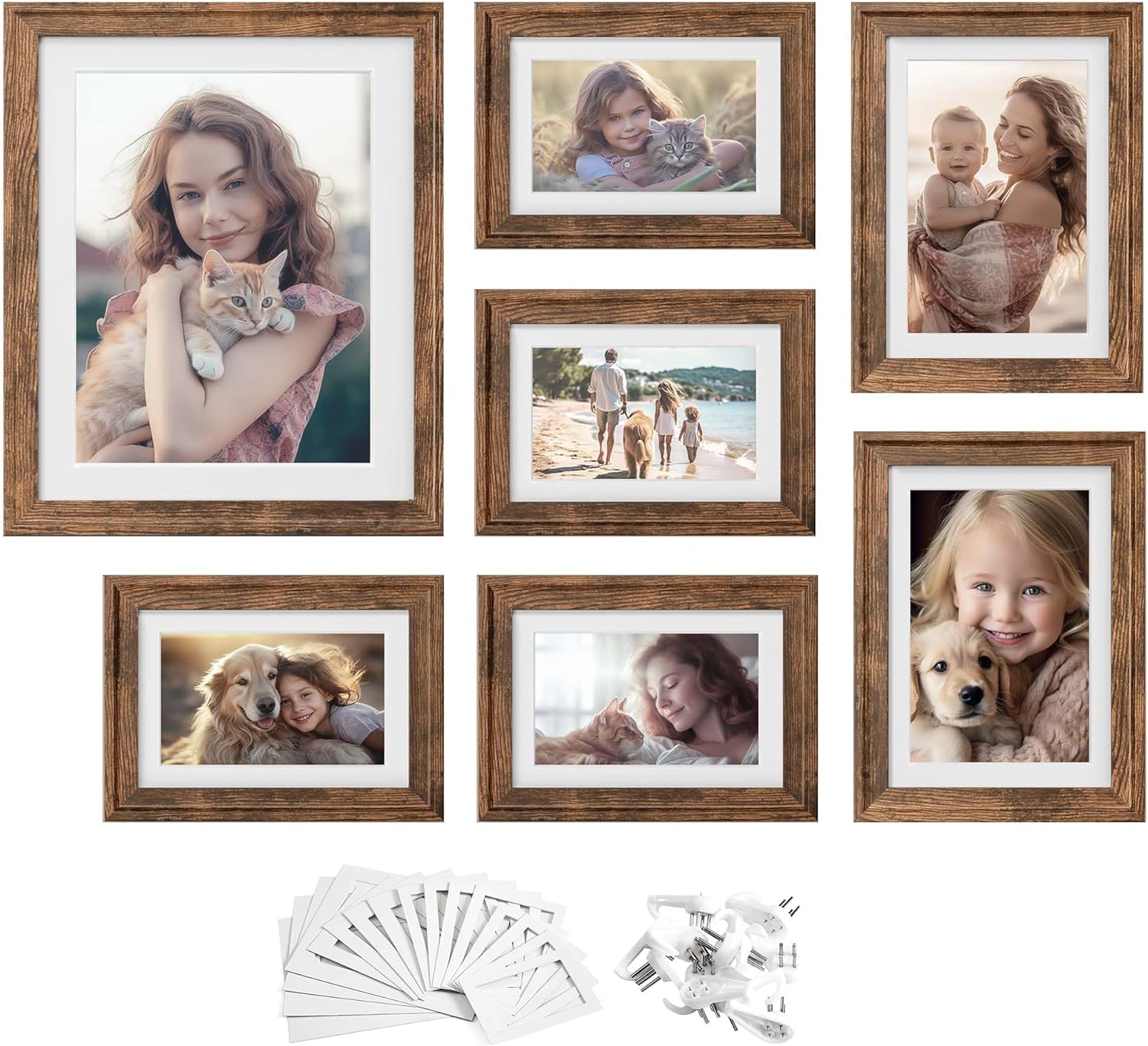 SONGMICS Picture Frames with 10 Mats, Set of 7, Collage Photo Frames with One 8x10, Two 5x7, Four 4x6 Frames, Hanging or Tabletop Display, MDF and Glass, 9 Non-Trace Nails, Rustic Brown URPF047X01V1