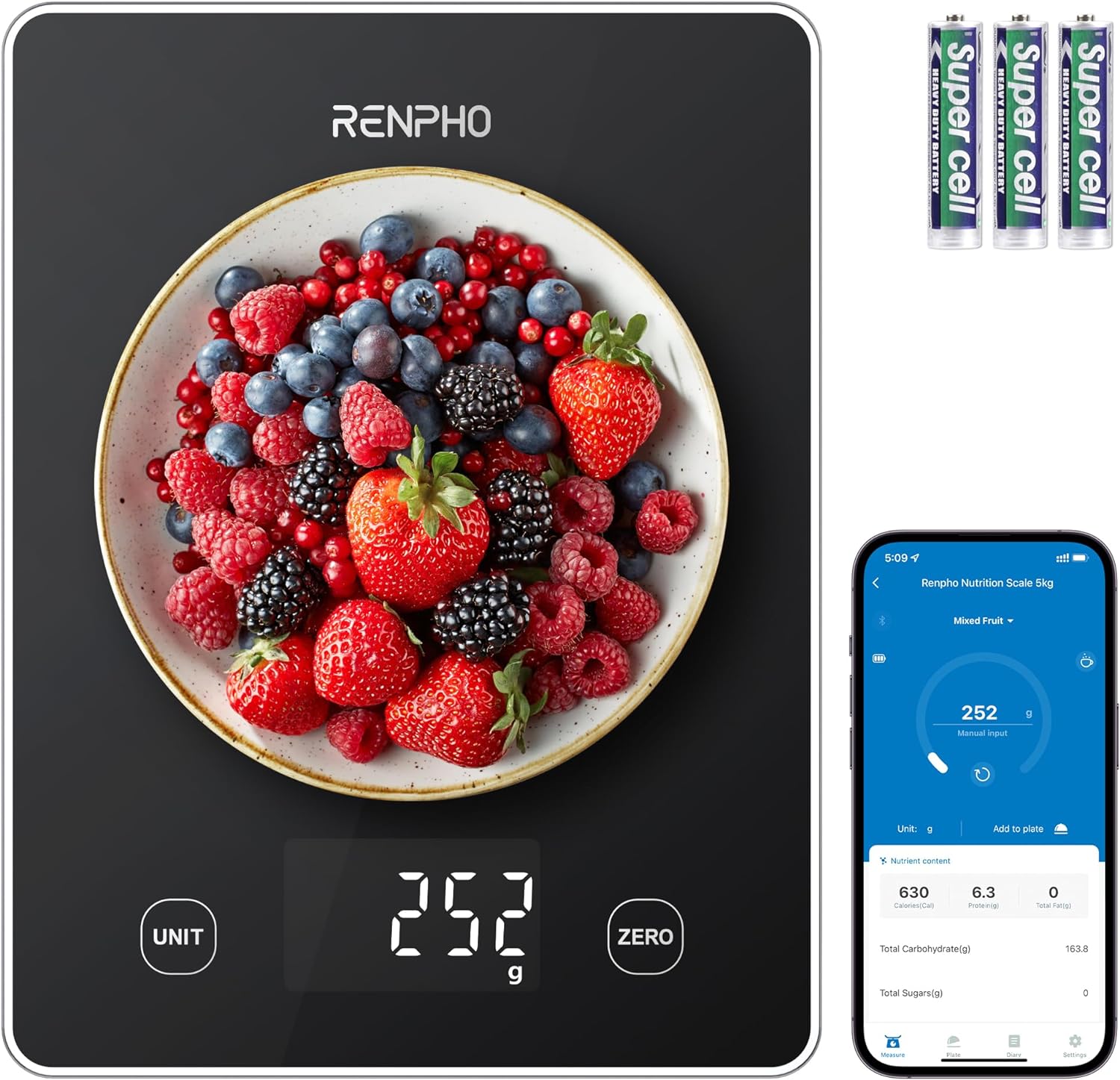 RENPHO Food Scale, Smart Kitchen Scale, Digital Cooking Scale with Nutrition Calculator, Weight Grams and Ounces, Food Weight Scale for Cooking Baking Keto Marco Diet, Black Glass, 22lb/10kg