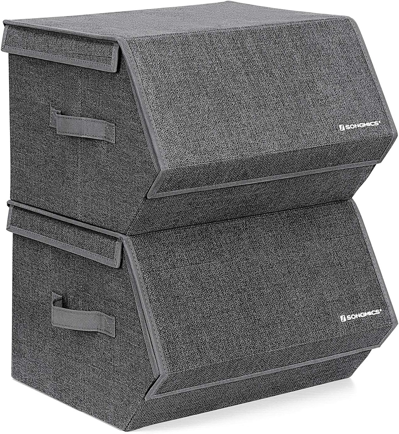 SONGMICS Stackable Storage Bins, Set of 2 Fabric Storage Boxes with Lids, with Magnetic Closures, Lid Can Stay Open after Stacking, 15 x 13.8 x 9.8 Inches, Dark Gray URYLB02GV1