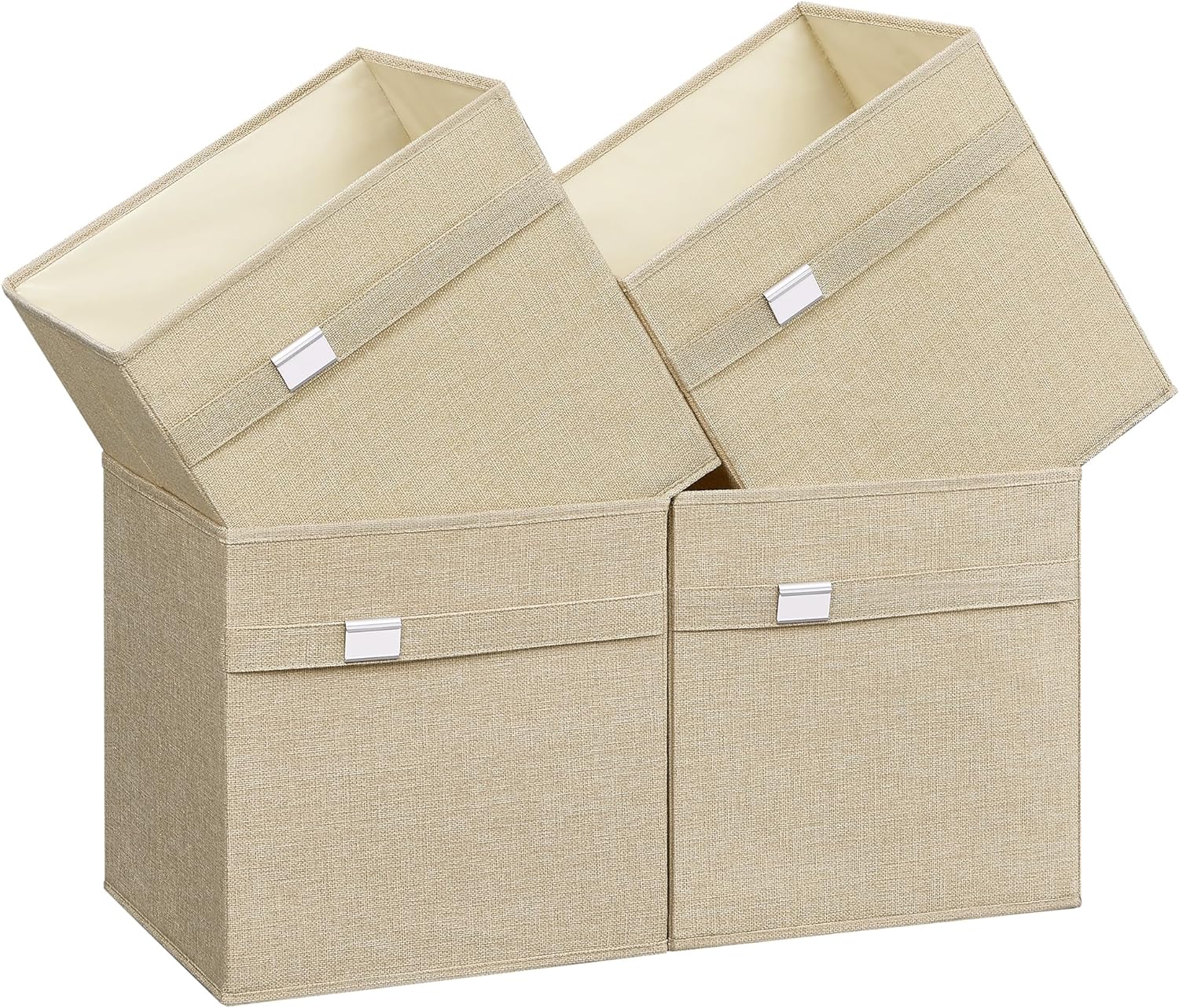 SONGMICS Storage Cubes, Set of 4 Cube Storage Bins, 2 Handles, 13 x 13 x 13 Inches, Oxford Fabric and Linen-Look Fabric, Washable, Foldable, Metal Label Holders, Sand Beige UROB233Y04