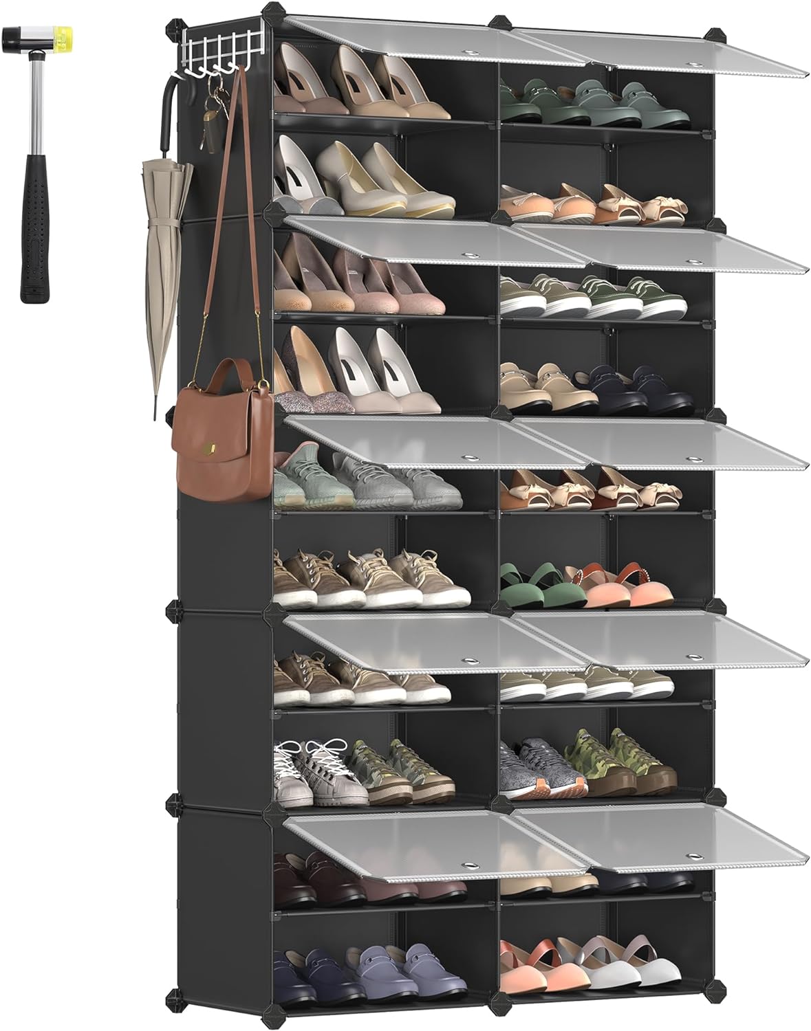 SONGMICS Shoe Rack, 10 Cubes Shoe Organizer with Doors, 40 Pair Plastic Shoe Storage Cabinet, for Bedroom, Entryway, Steel Frame, Plastic Panel, Black ULPC035B01