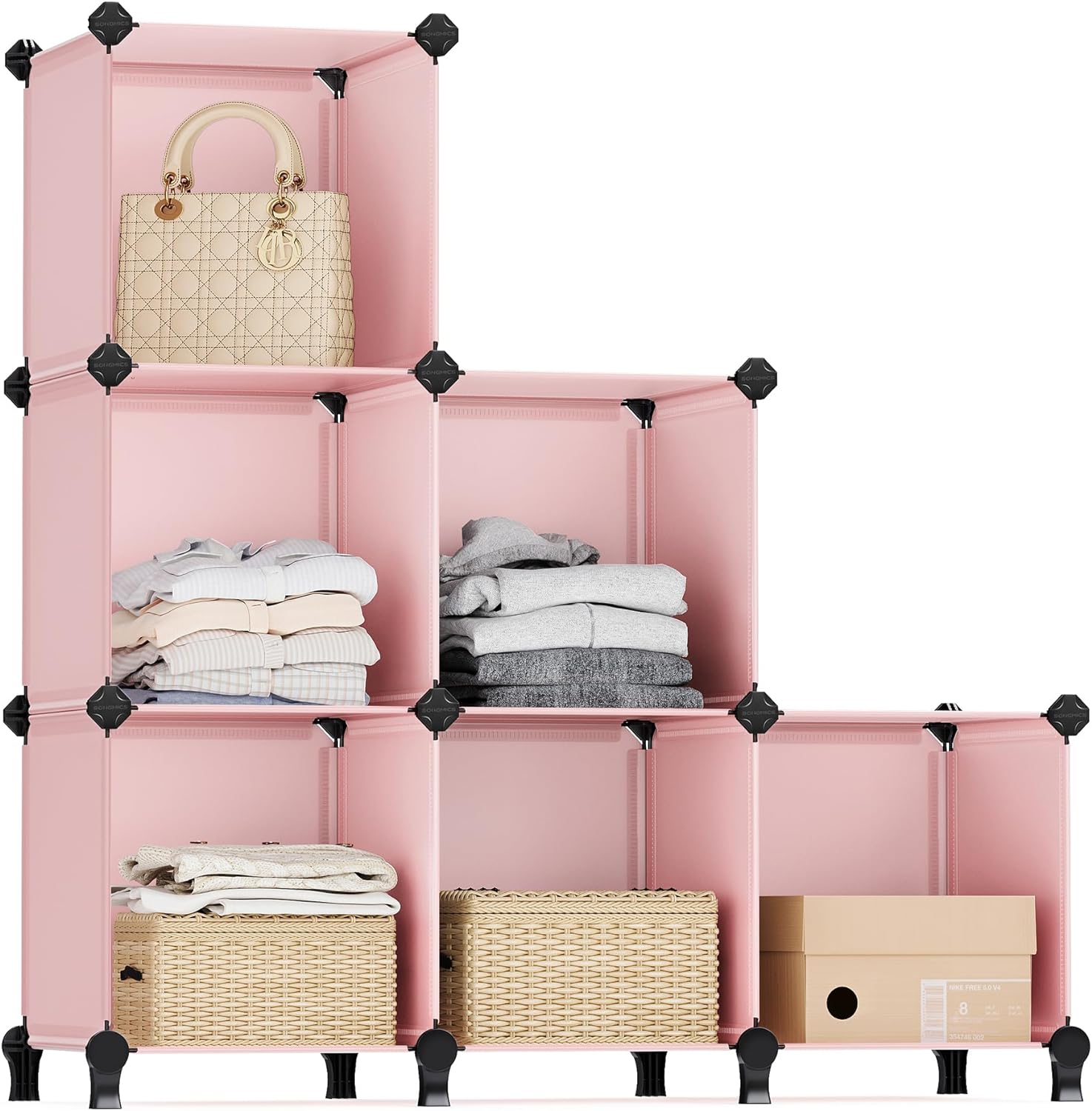 SONGMICS 6 Cube Storage Organizer, DIY Closet Shelf, Plastic Clothes Organizer, Modular Bookcase, 11.8 x 11.8 x 11.8 Inch Cubes, with Feet and Rubber Mallet, Pink ULPC111P01