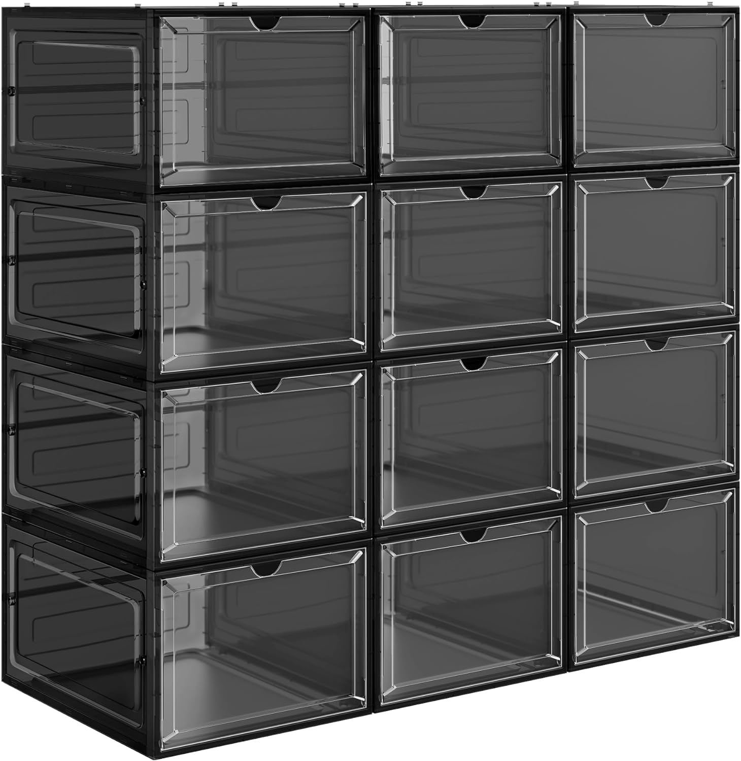 SONGMICS Shoe Boxes, Clear Shoe Organizers, Set of 12, Plastic Shoe Storage with Clear Door, Easy Assembly, up to US Size 12, Black ULSP032B12